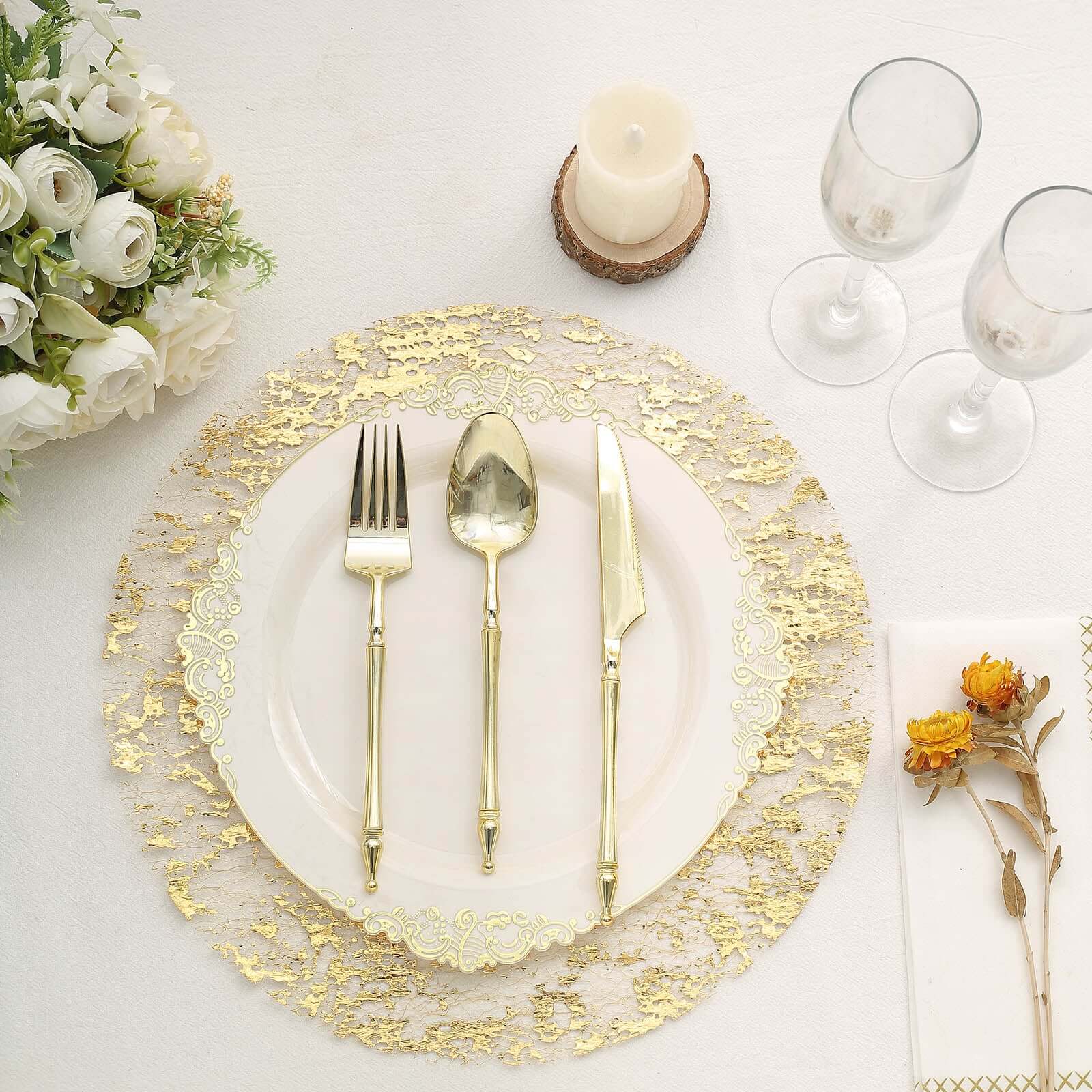 10-Pack Table Placemats Foil Design Metallic Gold Round - Mesh Disposable Shiny Dining Mats 13"