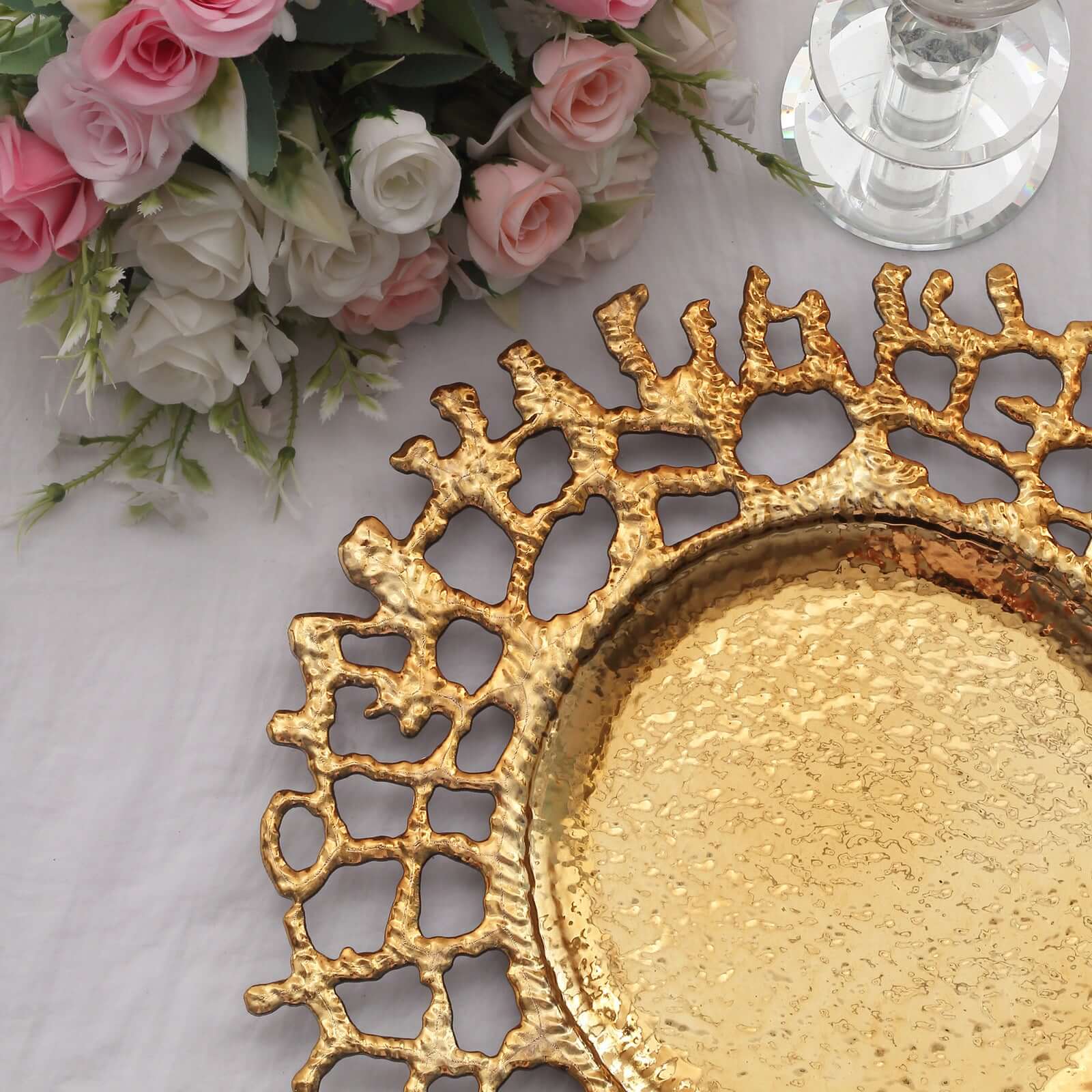 6-Pack Acrylic Round Charger Plates 13" in Gold with Molten Branch Design, Plastic Hollow Lace Decorative Dinner Party Charger Tableware