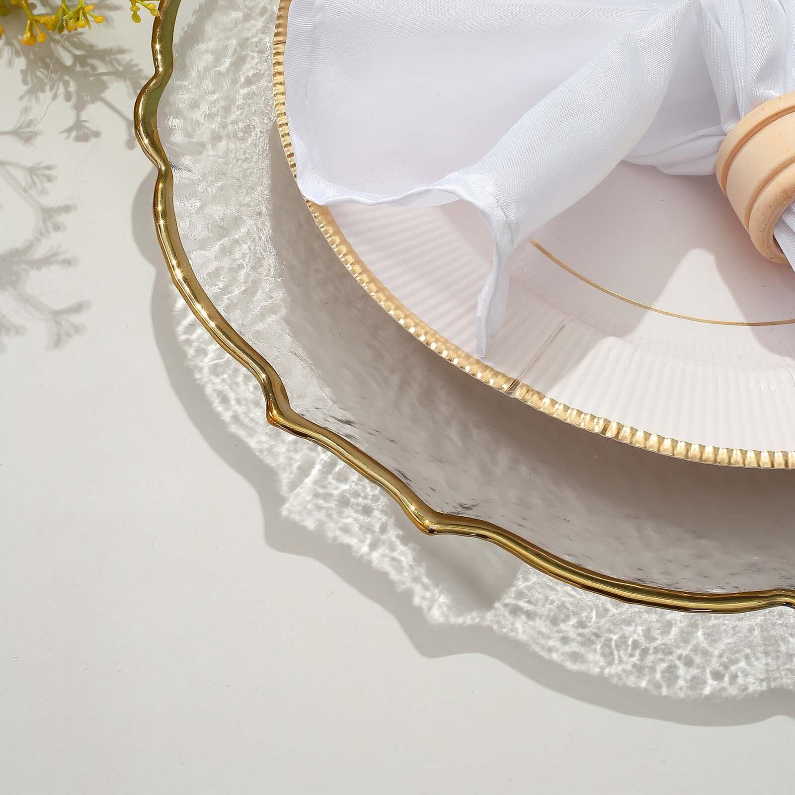 8-Pack Glass Round Charger Plates 13" in Clear with Gold Sunflower Scalloped Rim, Decorative Dinner Chargers