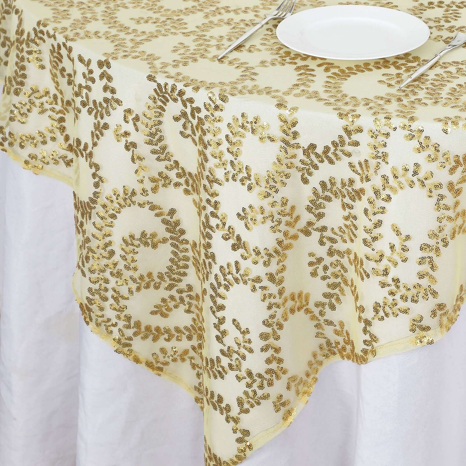 Tulle 72"x72" Table Overlay Square Tablecloth Gold - Sequin Leaf Embroidered Design for Stylish Occasions