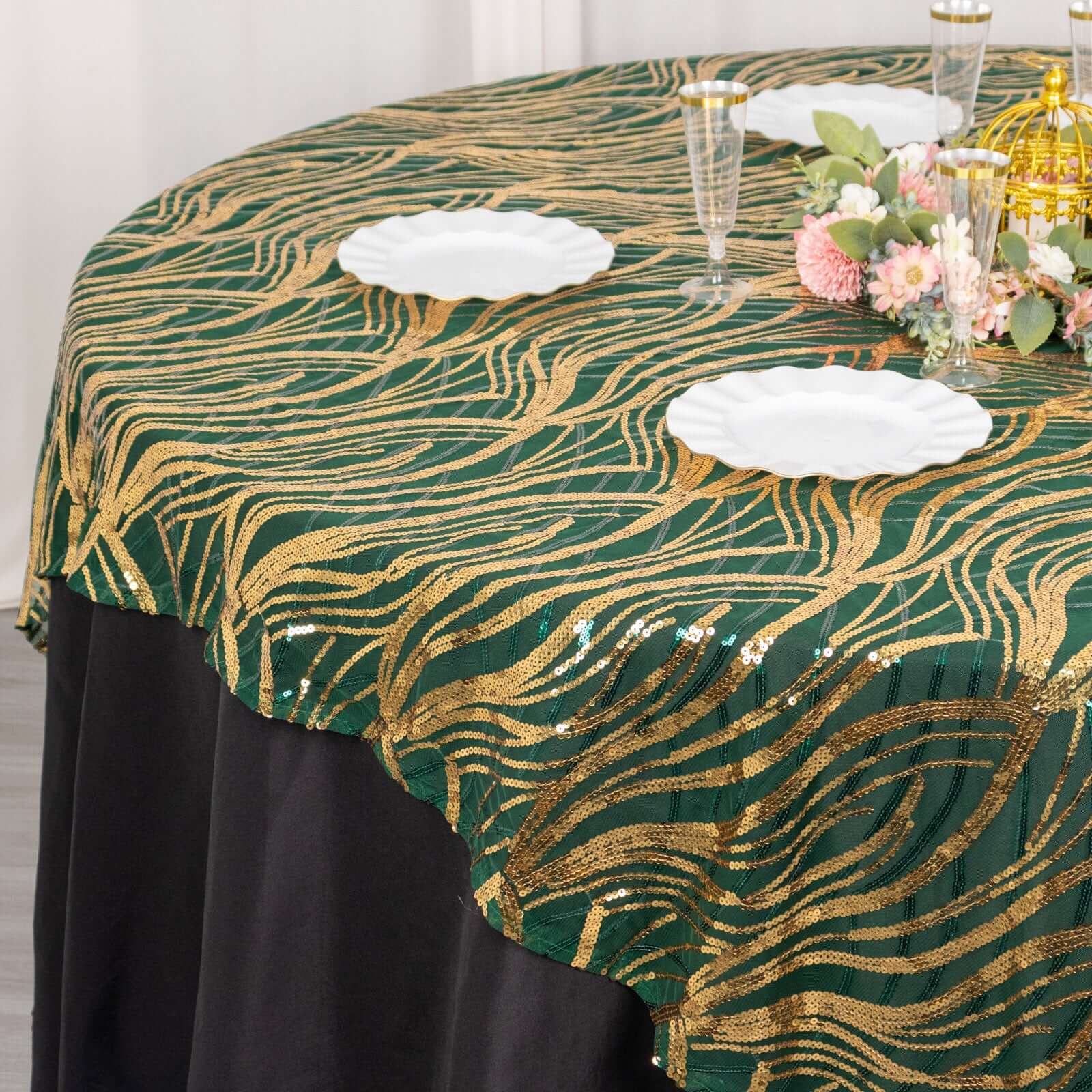 Mesh 72"x72" Table Overlay Square Tablecloth Hunter Emerald Green - Wave Embroidered Sequins Table Topper