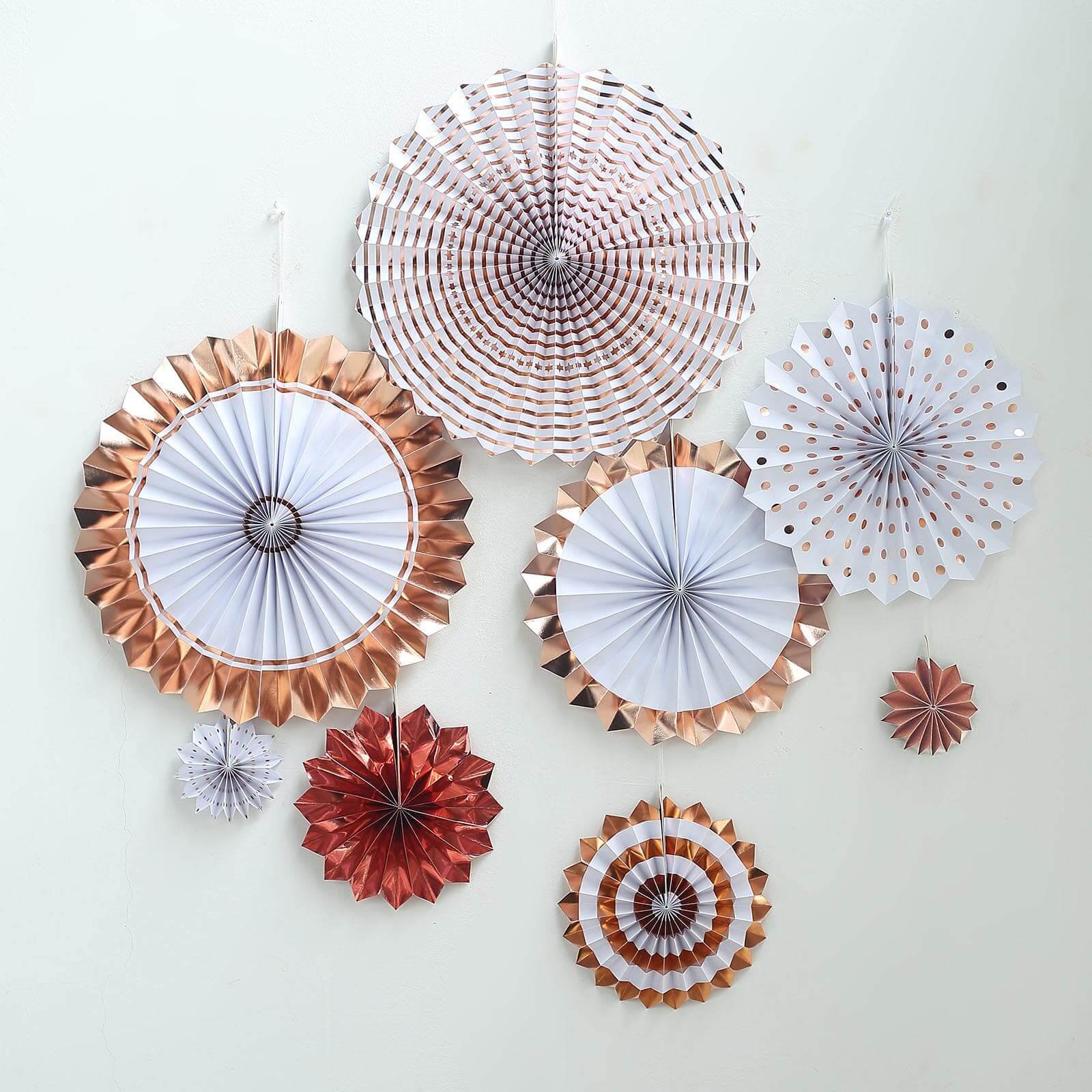 Set of 8 Gold Rose Gold Hanging Paper Fan Decorations, Pinwheel Wall Backdrop Party Kit - 4", 8", 12"