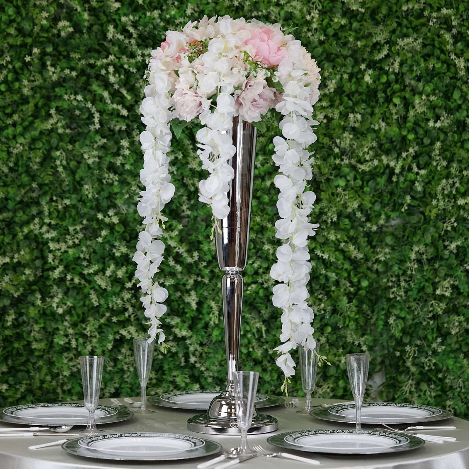 42" Silk Hanging Wisteria Flower Garland Vines in White, Elaborated 5 Full Strands in 1 Bush