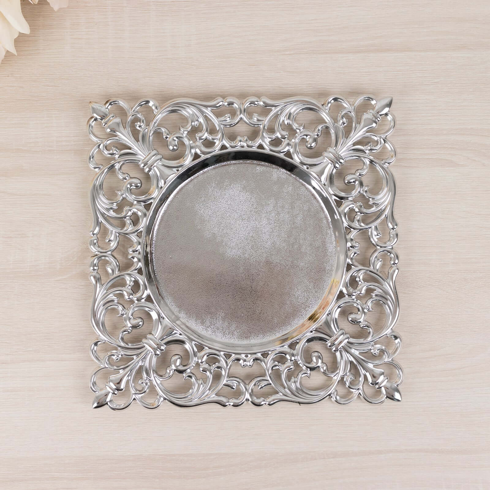 6-Pack Acrylic Square Charger Plates 12" in Silver with Hollow Lace Border, Event Tabletop Decorative Charger Tableware