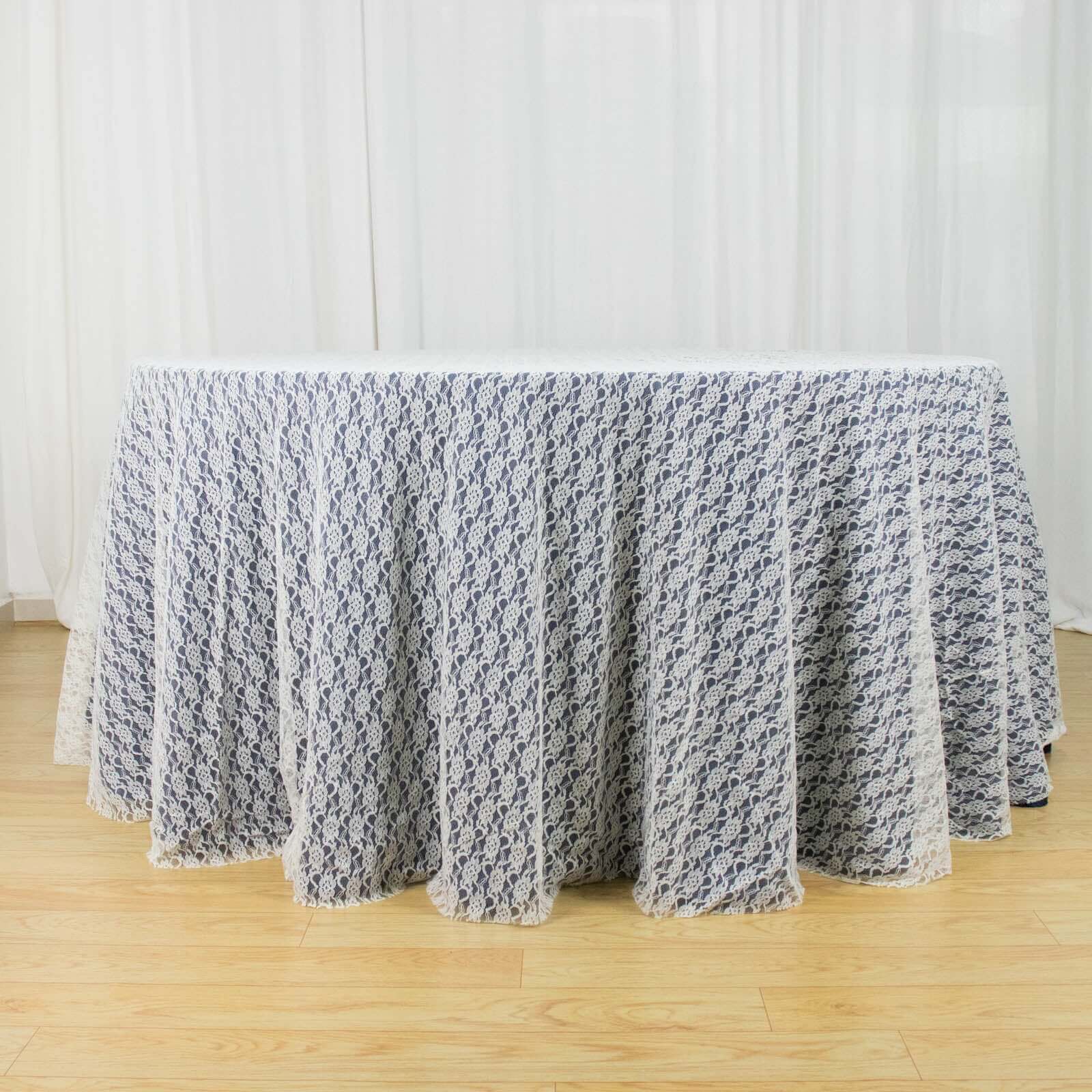 120" Ivory Round Seamless Polyester Floral Lace Tablecloth for 5 Foot Table With Floor-Length Drop