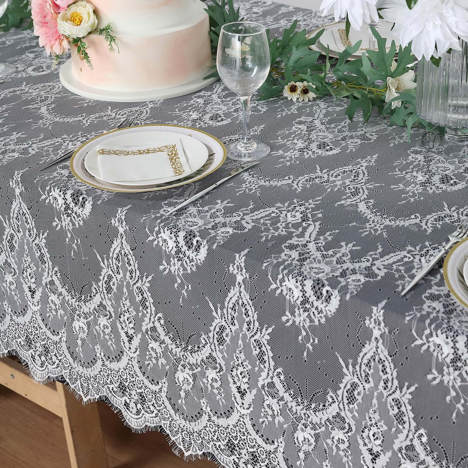 Lace 60"x120" Rectangle Tablecloth White - Vintage Lace Design with Scalloped Frill Edges for Refined Occasions
