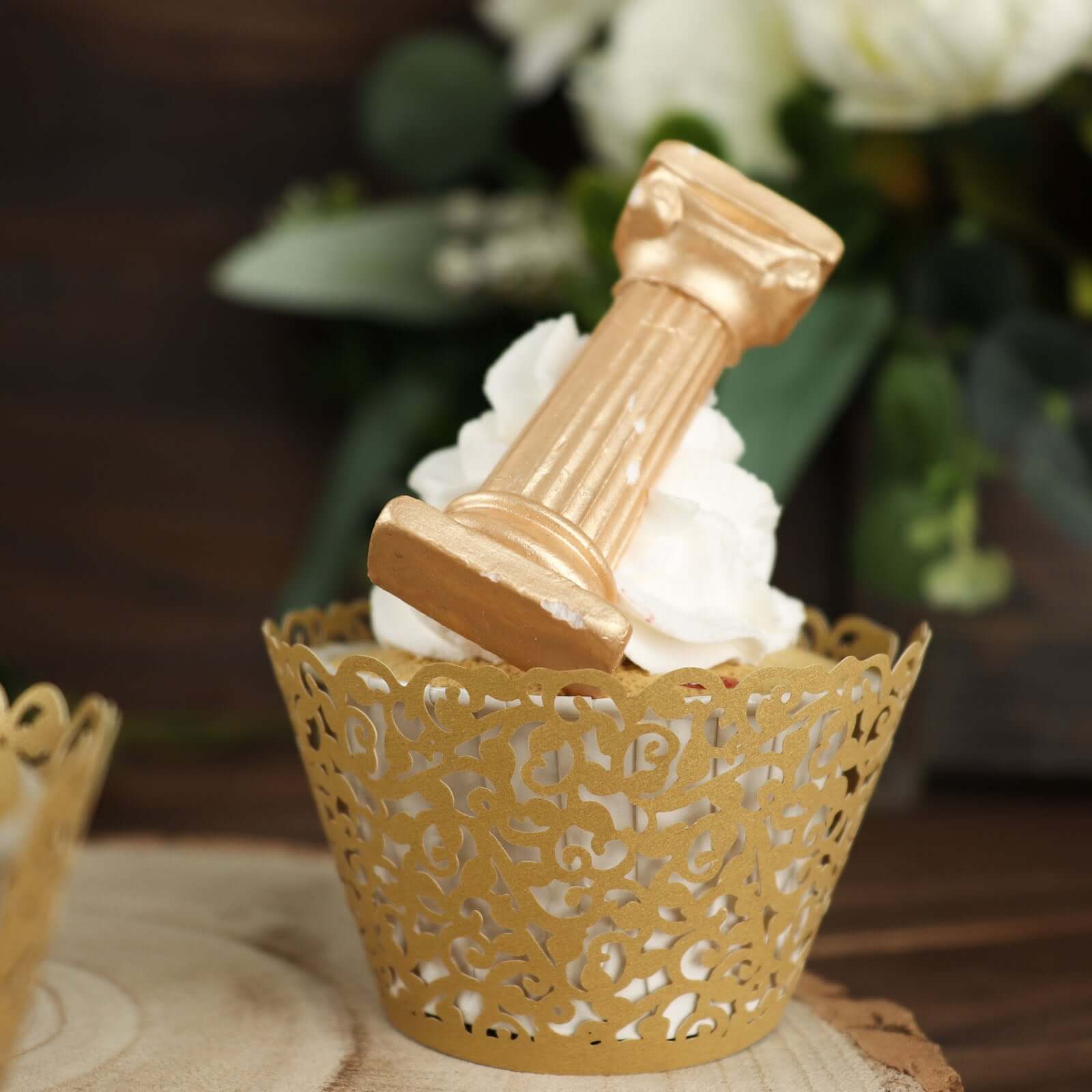25-Pack Paper Cupcake Wrappers Lace Laser Cut Design Gold - Muffin Baking Cup Trays for Events