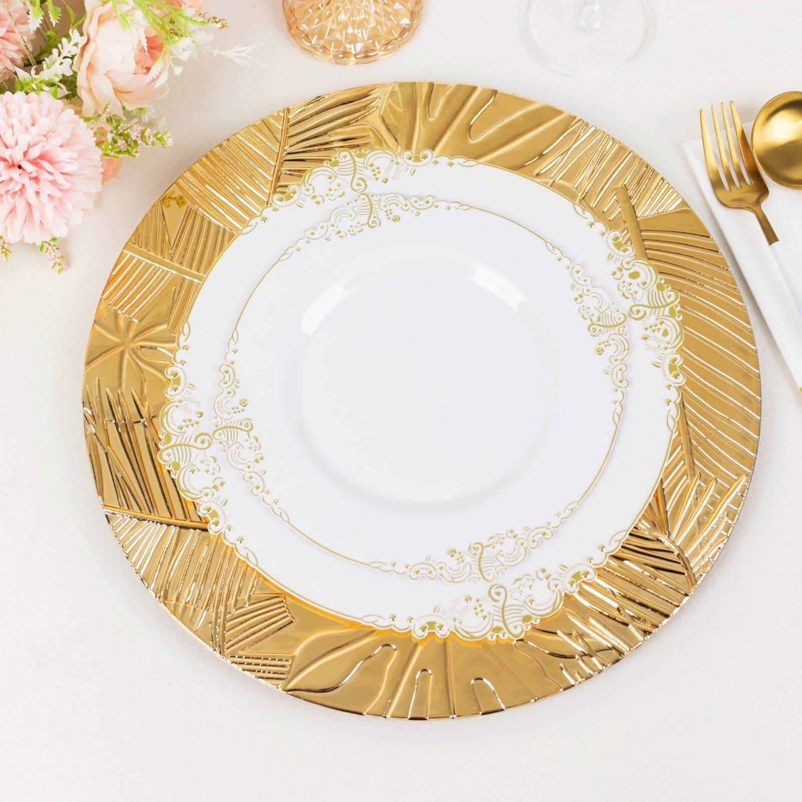 6-Pack Acrylic Round Charger Plates 13" in Metallic Gold with Embossed Tropical Leaves, Decorative Dinner Charger Tableware