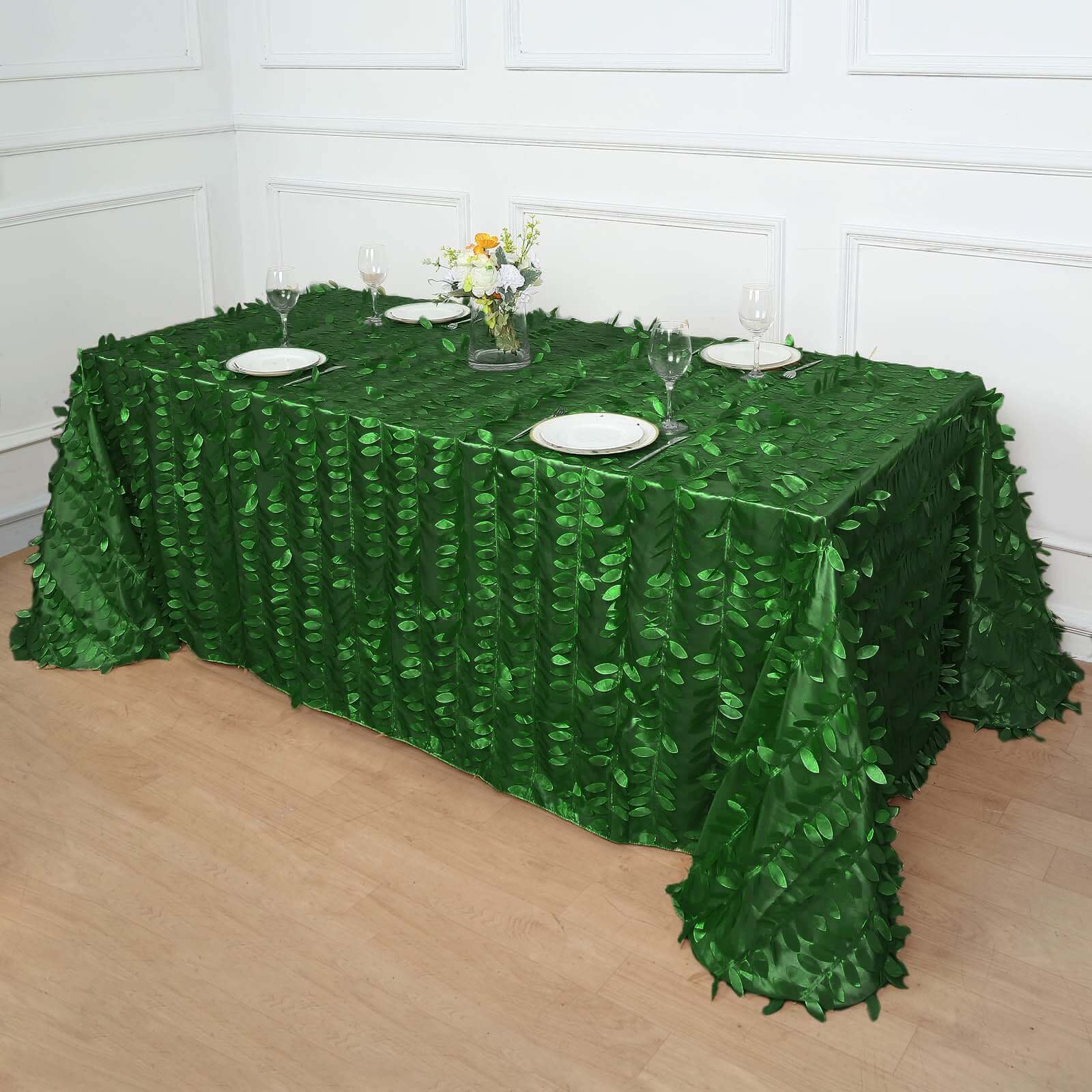 Taffeta 90"x156" Rectangle Tablecloth Green | 3D Leaf Petal Design Seamless Table Cover