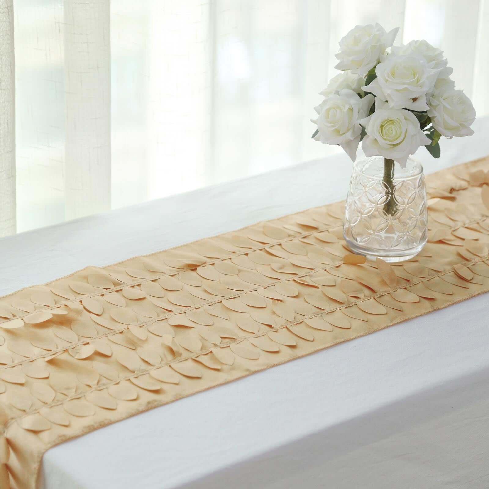Taffeta Fabric 12"x108" Table Runner Champagne - 3D Leaf Petal Design