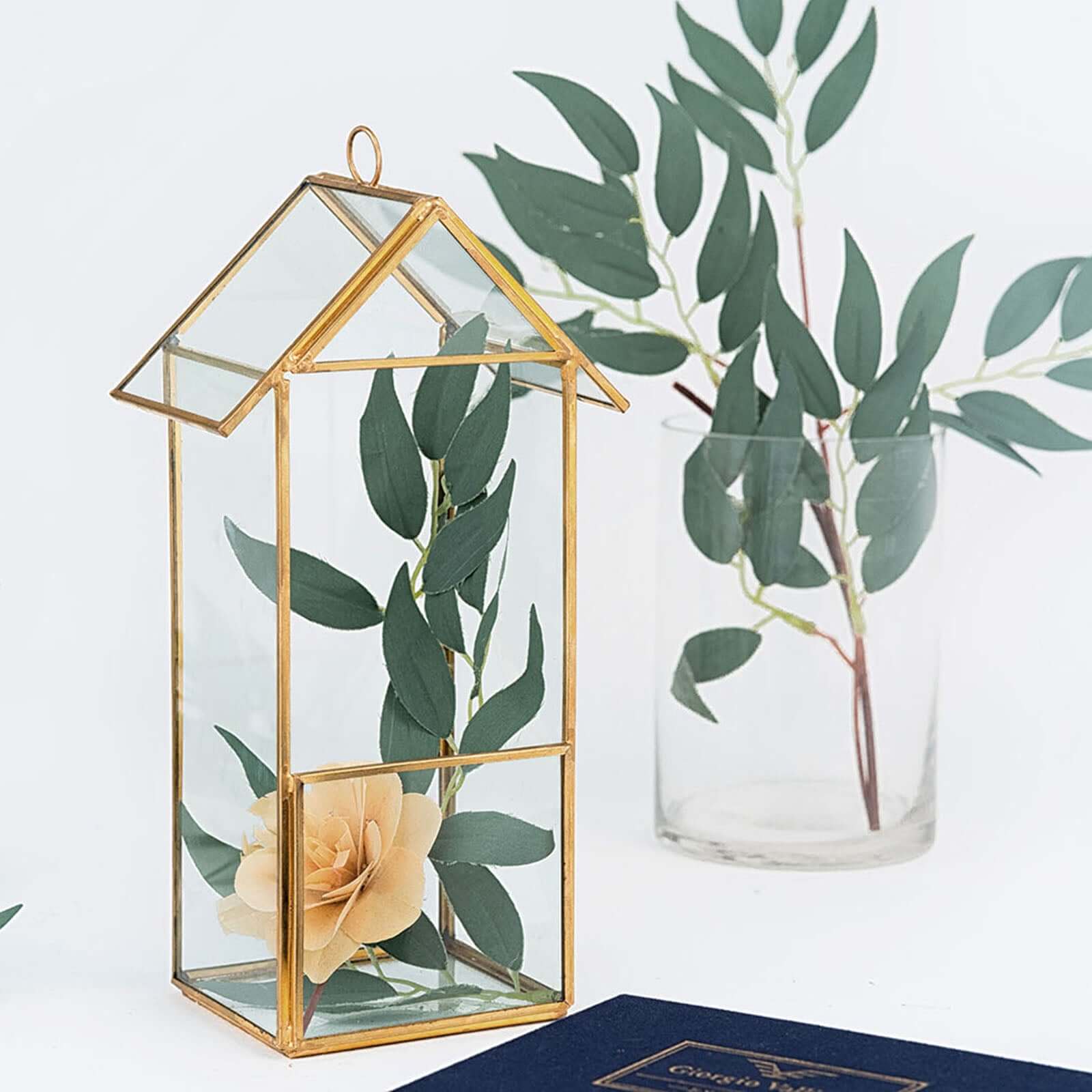Glass Terrarium Hanging House Lantern Design Metal Gold - Versatile Holder for Air Plants & Displays 11"