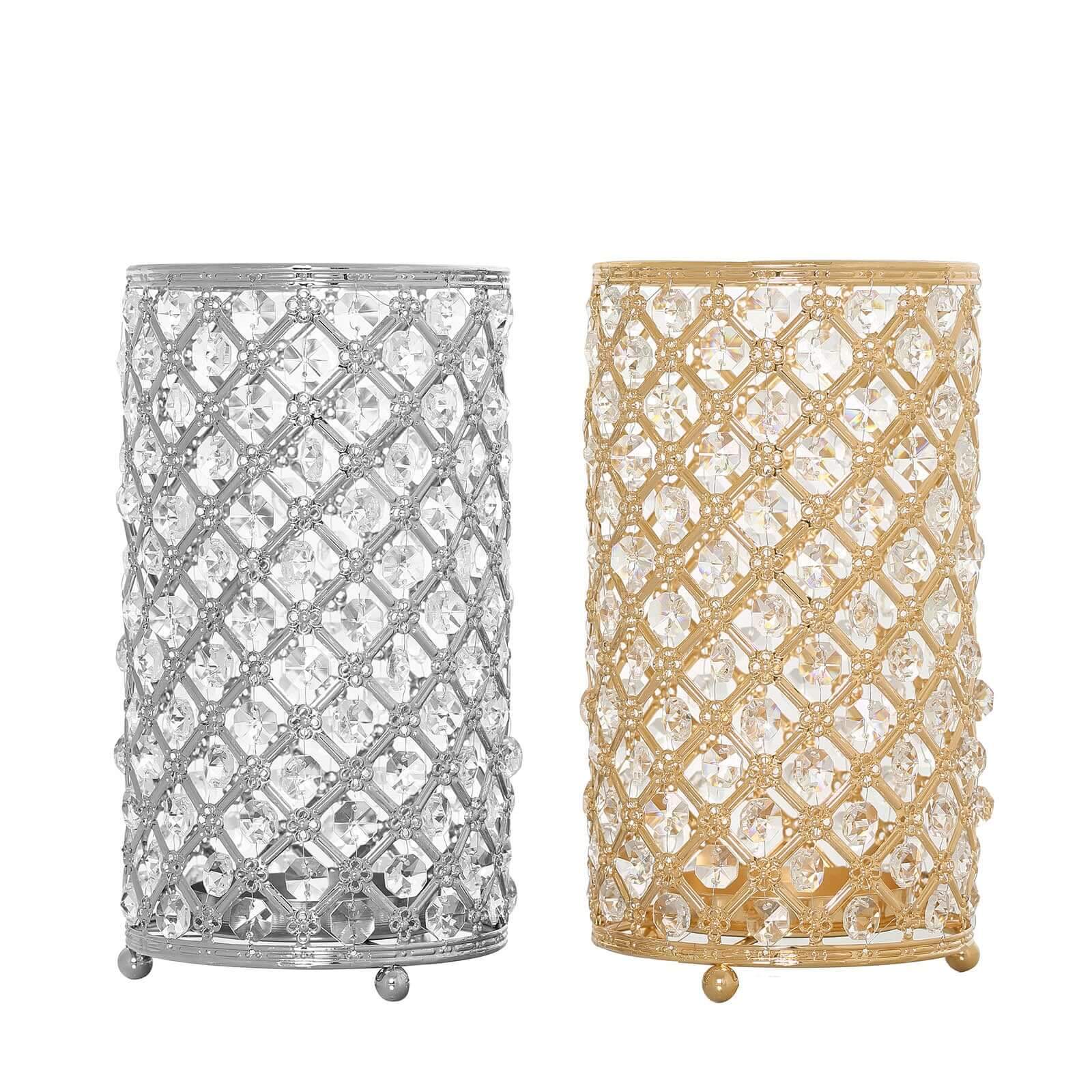 2-Pack Metal Crystal Beaded Pillar Holders Gold - Versatile Stem Vase Set for Decor 9"