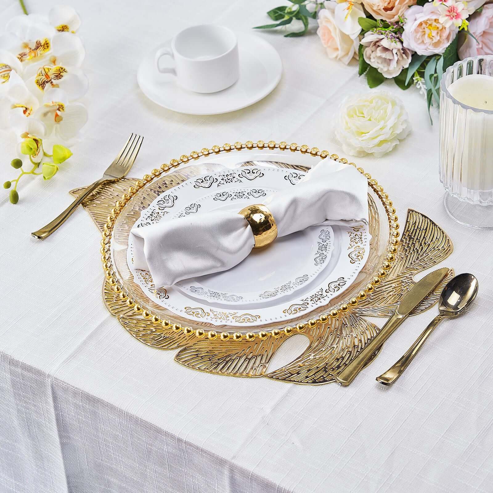 6-Pack Dining Table Mats Monstera Leaf Design Gold - Vinyl Non-Slip Surface for Tropical Themes 18"