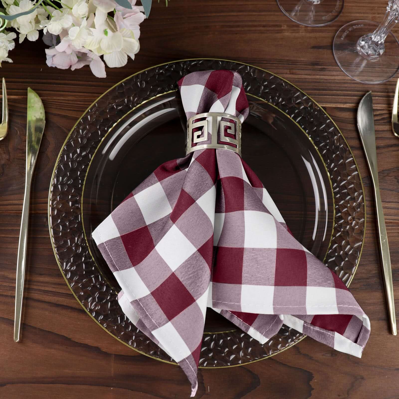 5 Pack Polyester 15"x15" Napkins Burgundy/White Buffalo Plaid Gingham Style Cloth Napkins