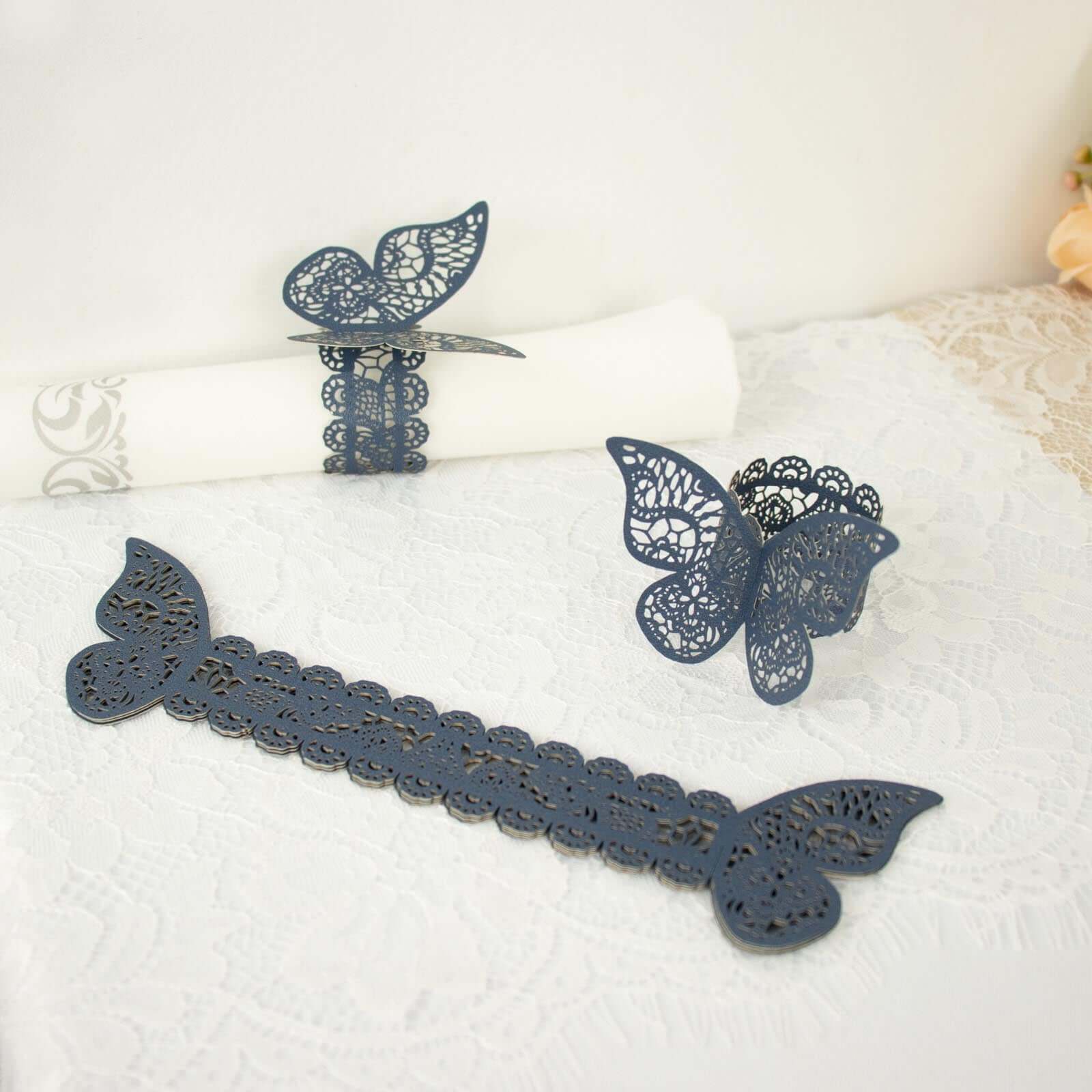 12-Pack Paper Napkin Rings Laser Cut Butterfly Navy Blue Shimmery - Decorative Serviette Holders