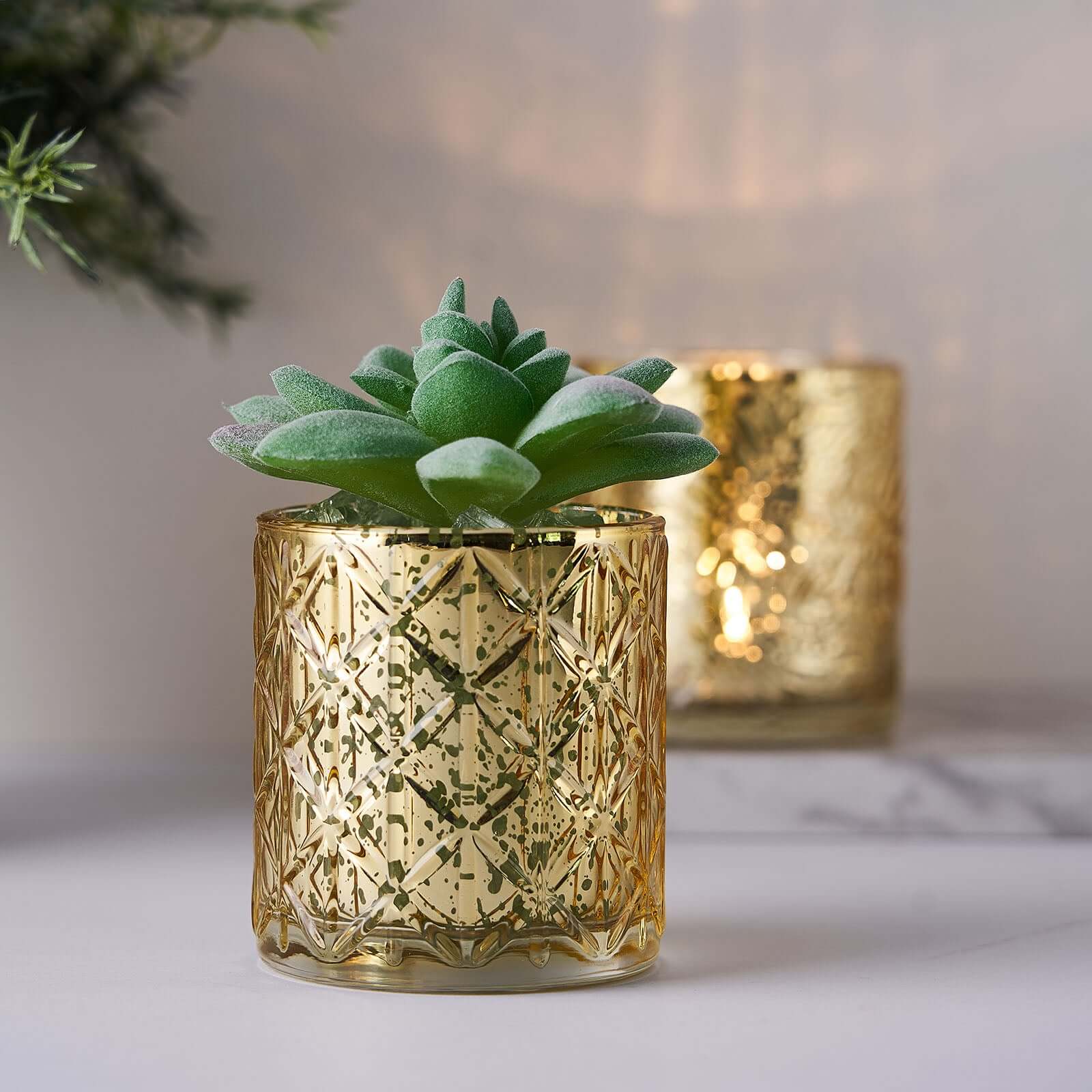 6-Pack Mercury Glass Candle Holders Shiny Gold with Geometric Design - Votive Tealight Holders 3"