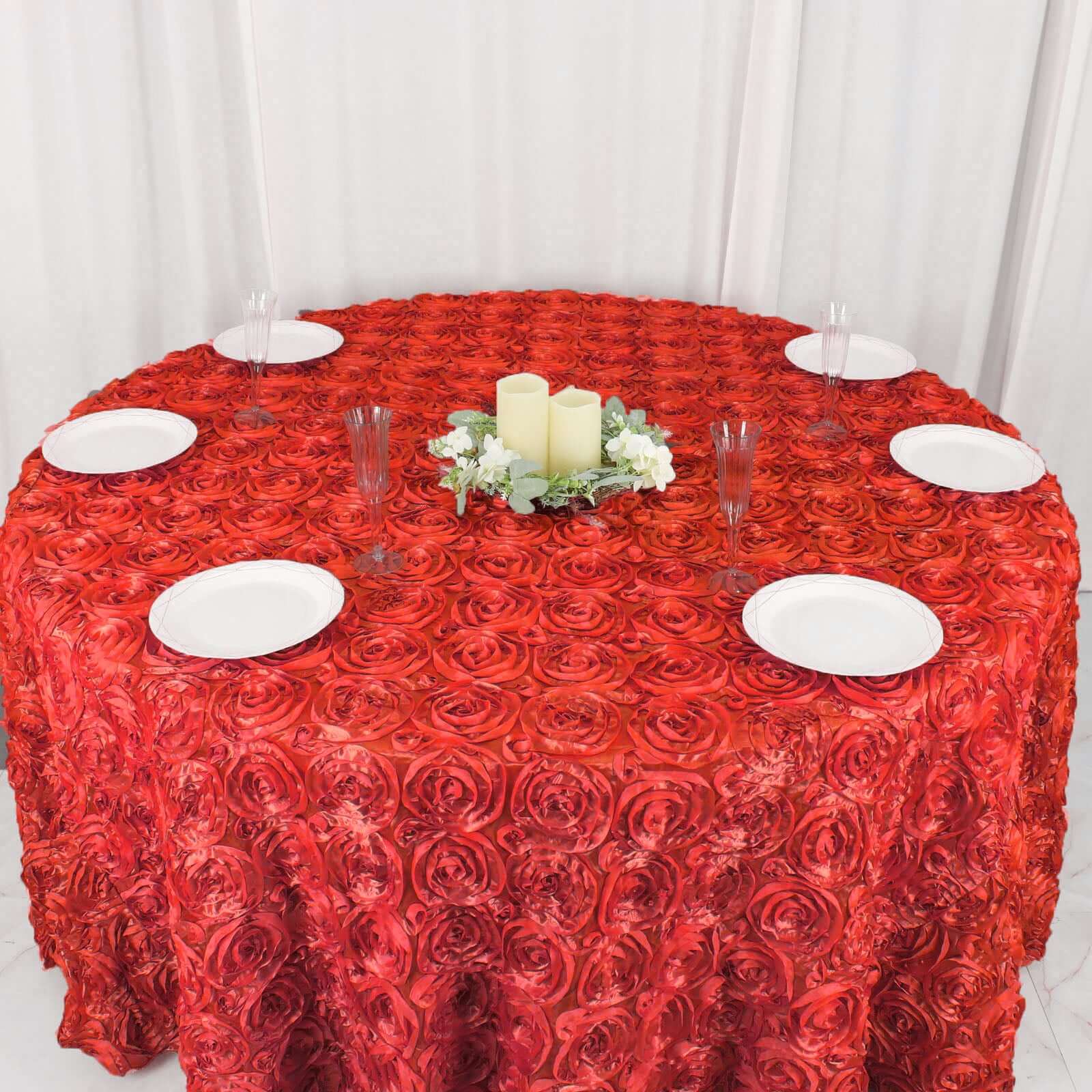 Satin 120" Round Tablecloth Red - Grandiose 3D Rosette with Seamless Finish Table Cover