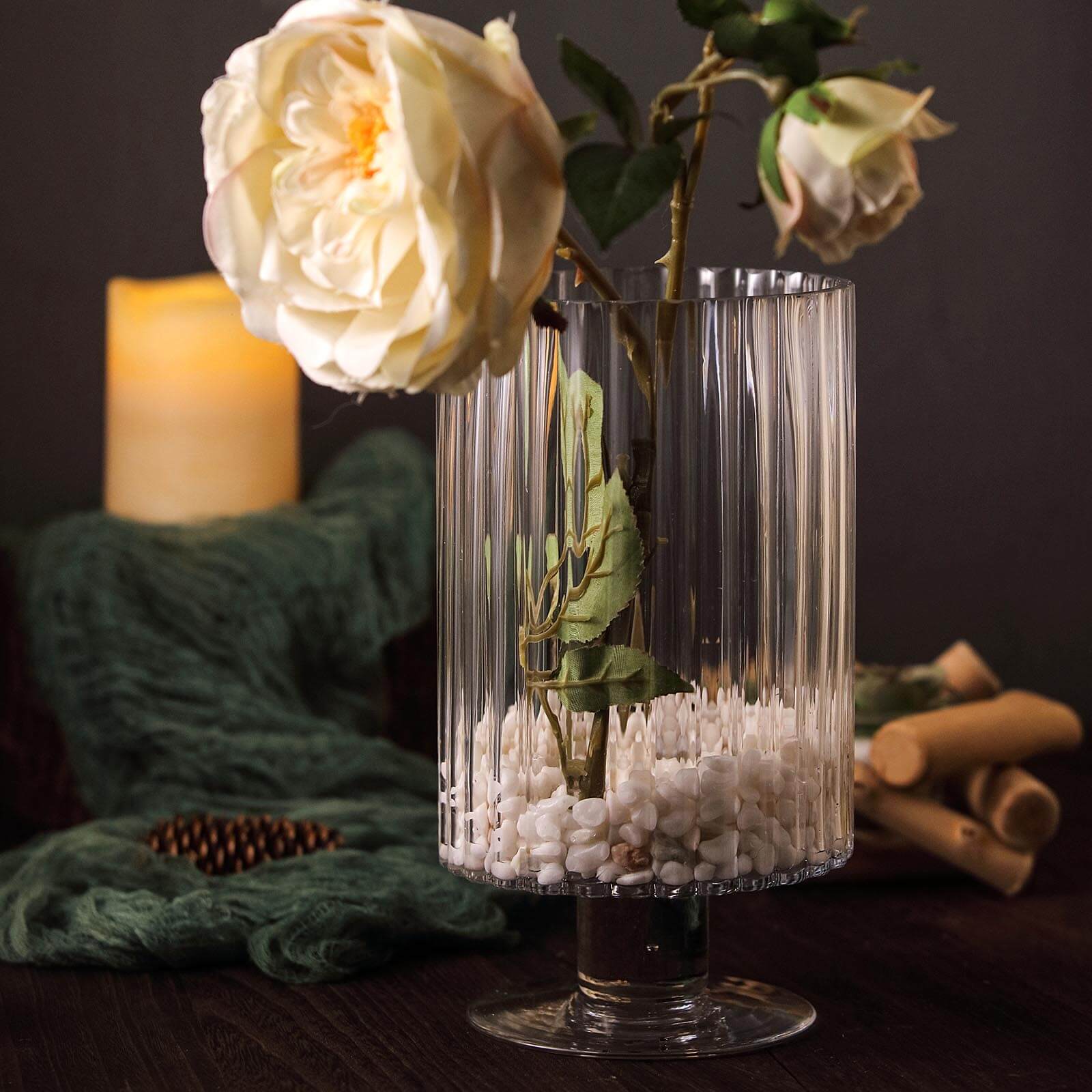 2-Pack Glass Pedestal Vases Ribbed Design Clear - Durable Votive Candle Holders for Events 9"