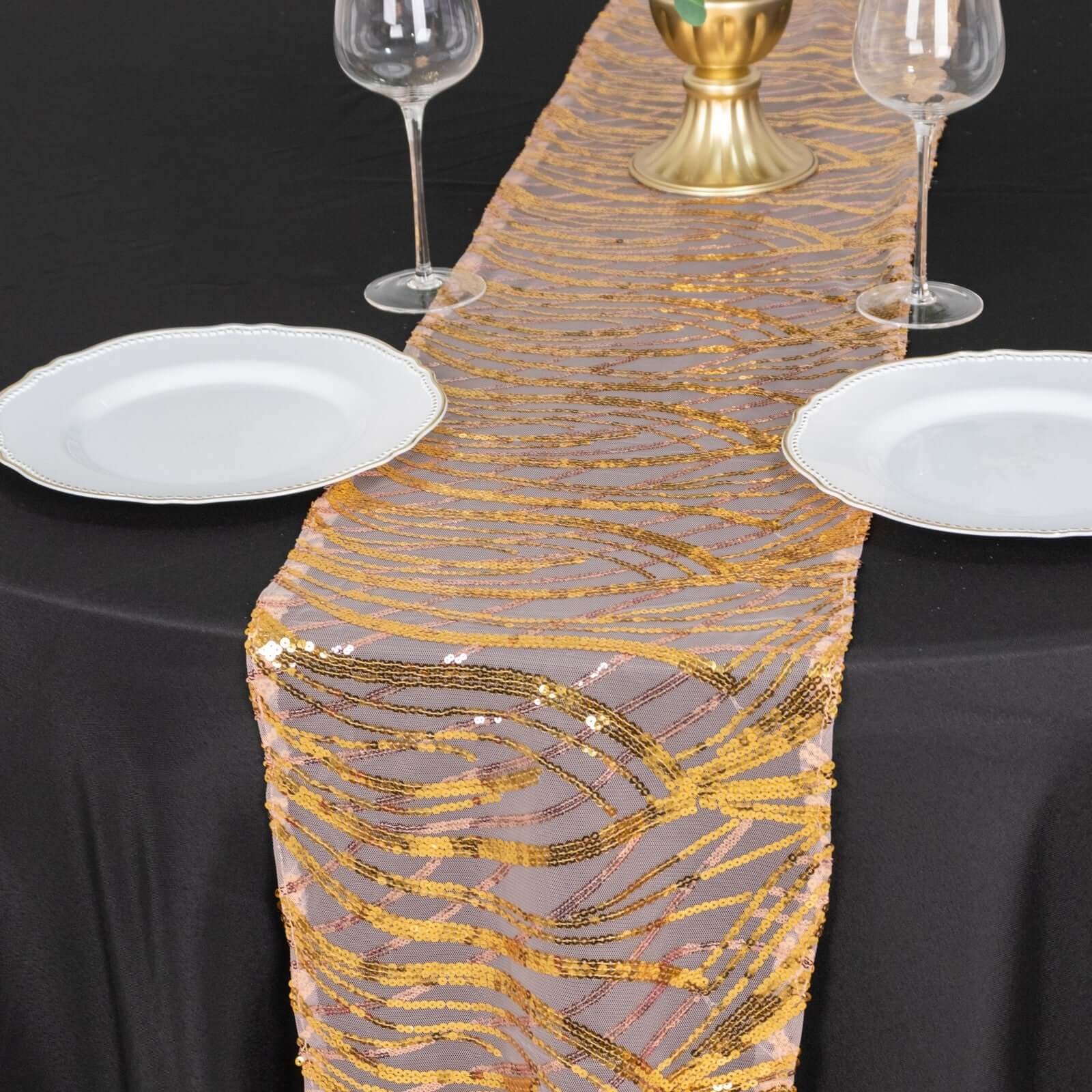 Sequin Mesh 12"x108" Table Runner Rose Gold Stylish Wave Embroidery