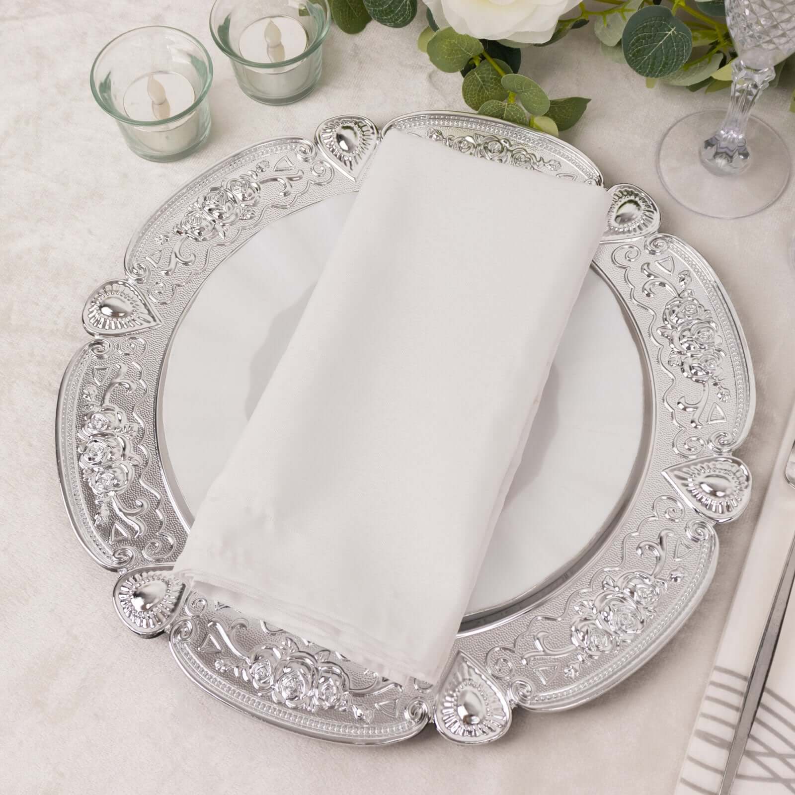 6-Pack Acrylic Round Charger Plates 13" in Silver Floral Embossed with Scalloped Rim, Plastic Decorative Charger Tableware