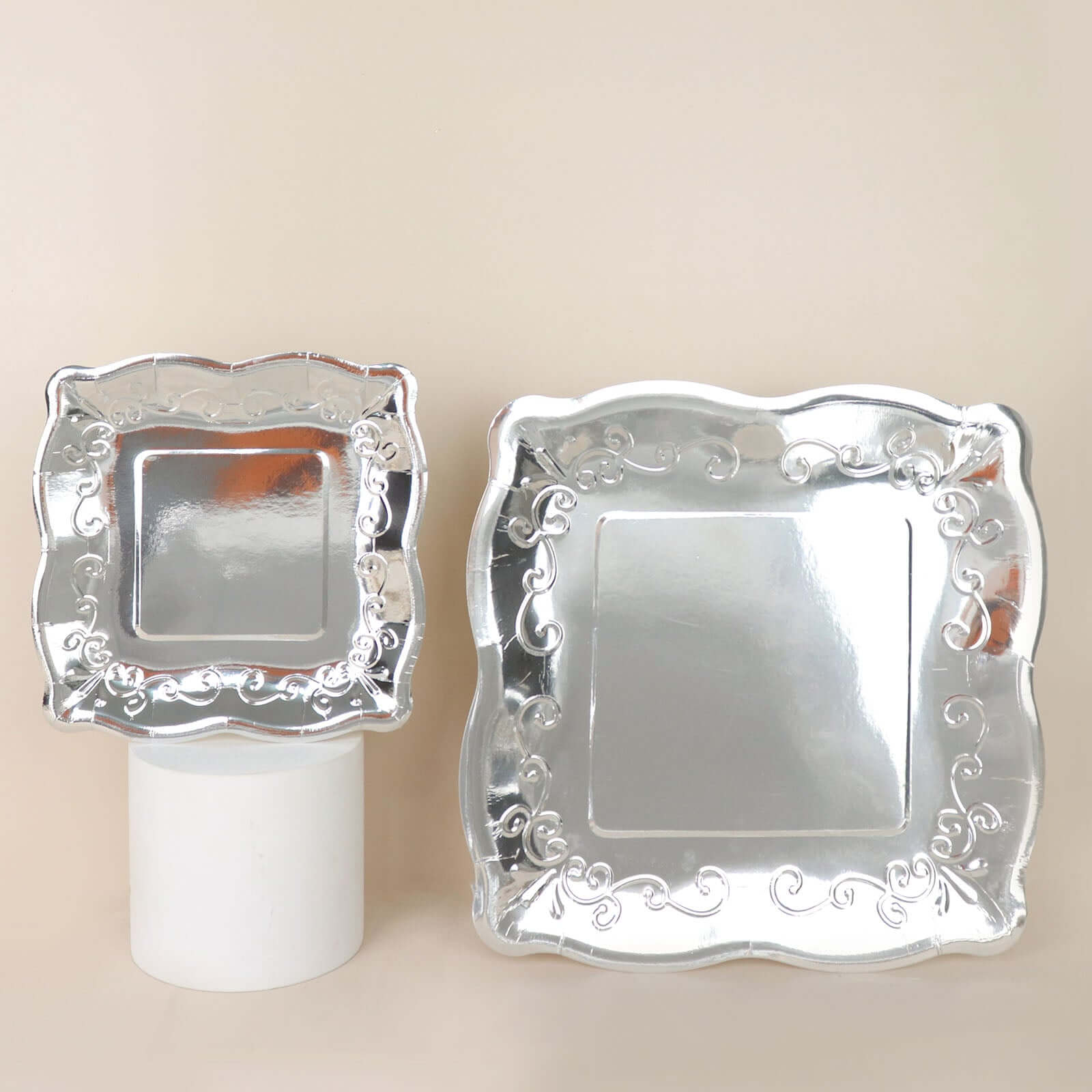 25-Pack Paper 7" Square Dessert Plates in Silver with Vintage Pottery Embossed Design - Shiny Metallic Disposable Appetizer Plates