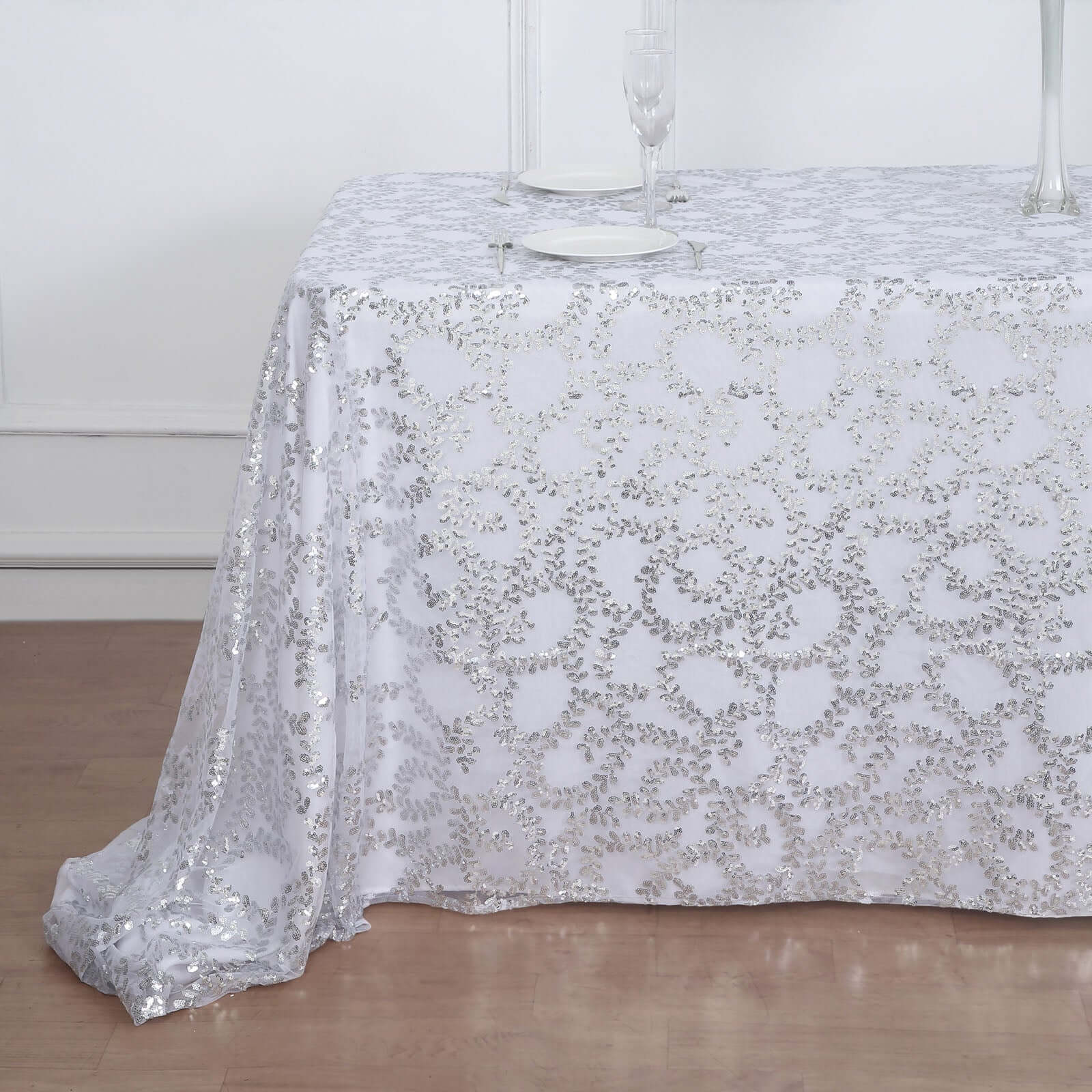 Tulle 90"x156" Rectangle Tablecloth Silver - Sequin Leaf Embroidered Table Cover