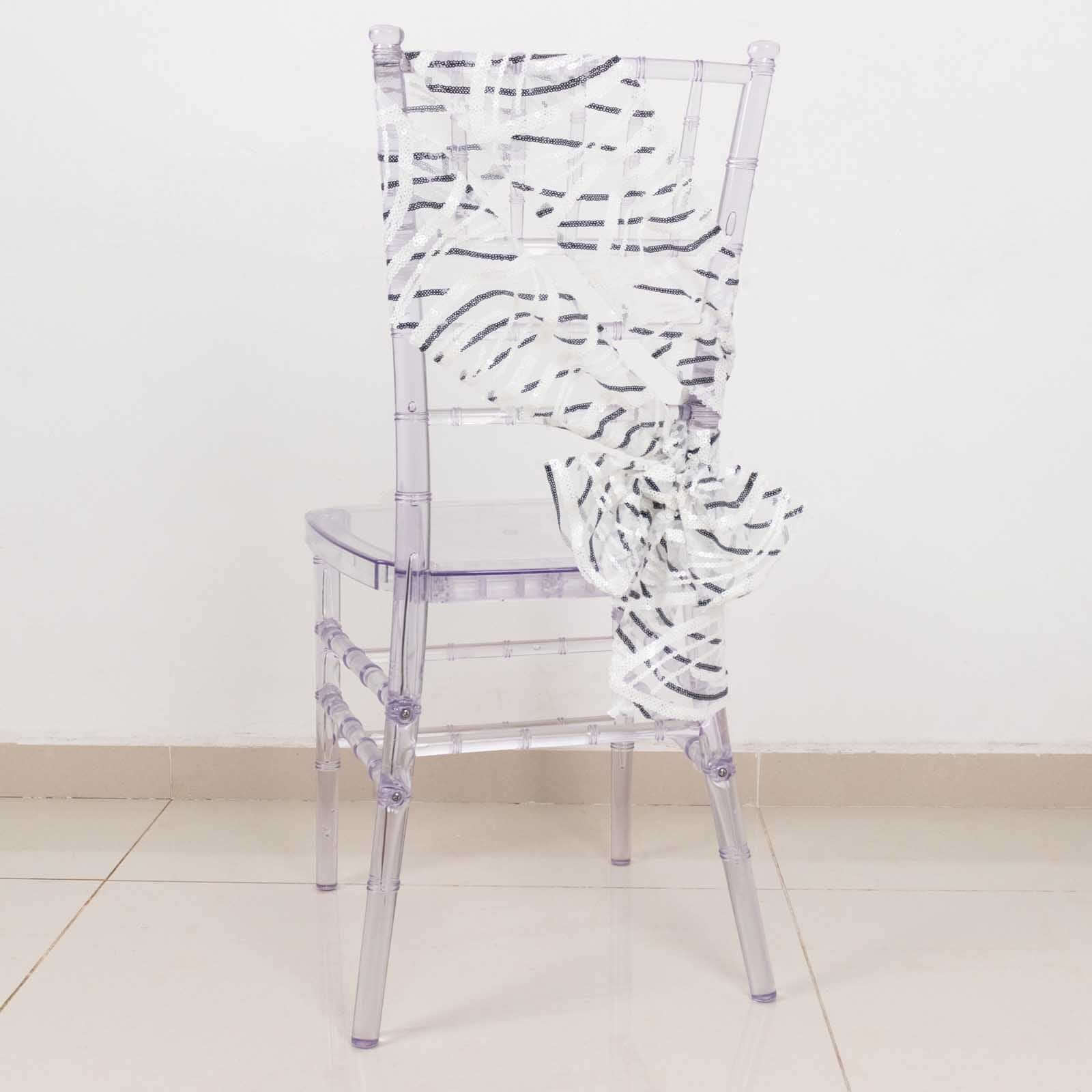 5 Pack Chair Sashes with Wave Embroidered Sequins White/Black 6"x88" - Stylish Glittering Decor for Weddings