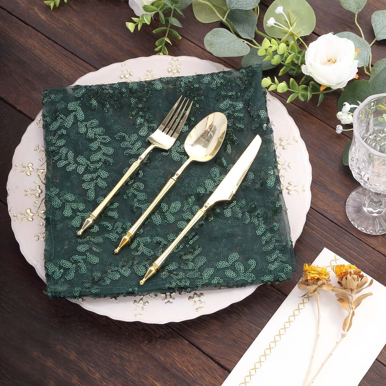 Sequin Tulle 20"x20" Napkin Hunter Emerald Green - Embroidered Leaf Vine Dinner Napkins