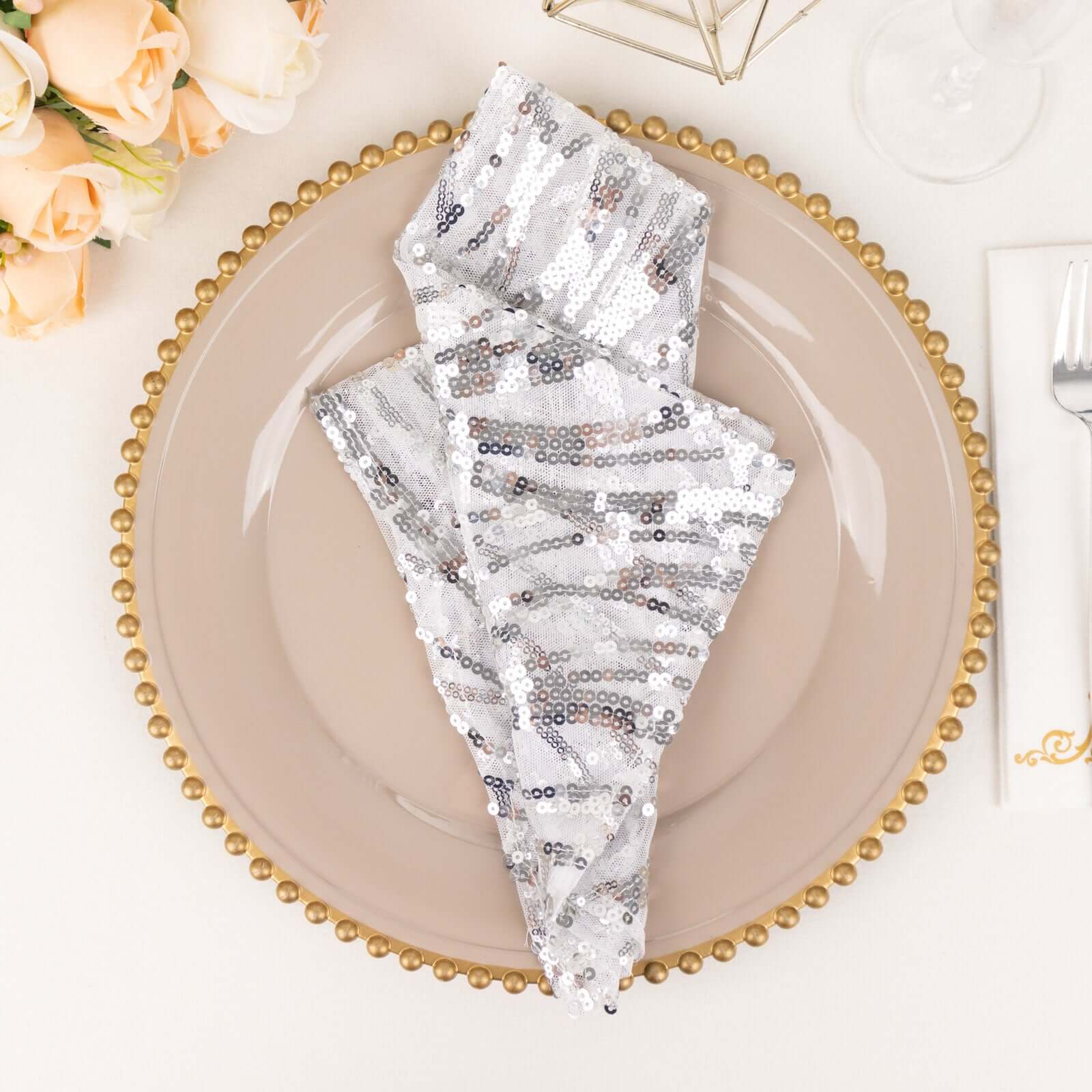 Sequin Mesh 20"x20" Napkin SIlver - Wave Embroidered Reusable Napkin