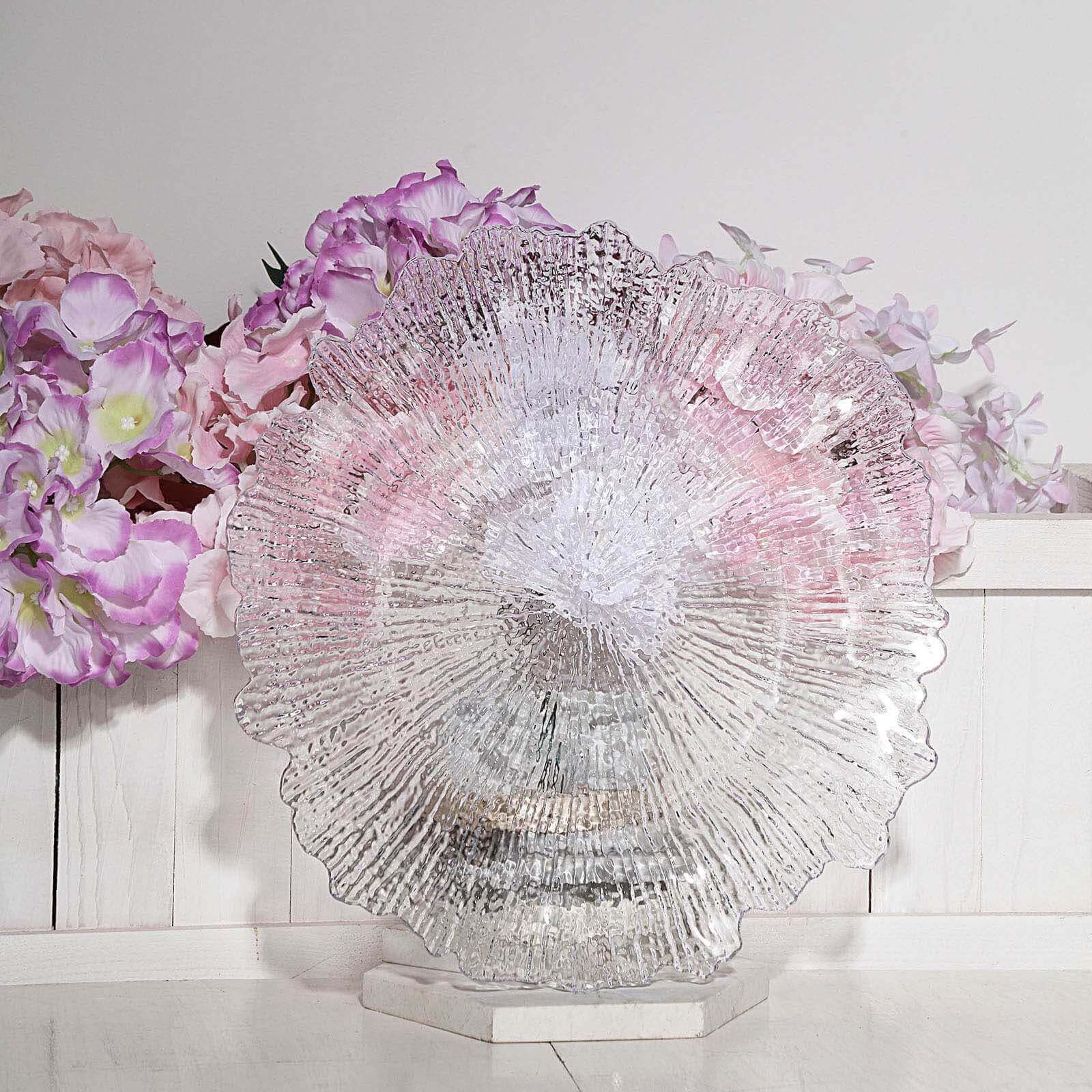 6-Pack Plastic Round Charger Plates 12" in Clear with Reef Design, Decorative Dinner Party Serving Plates