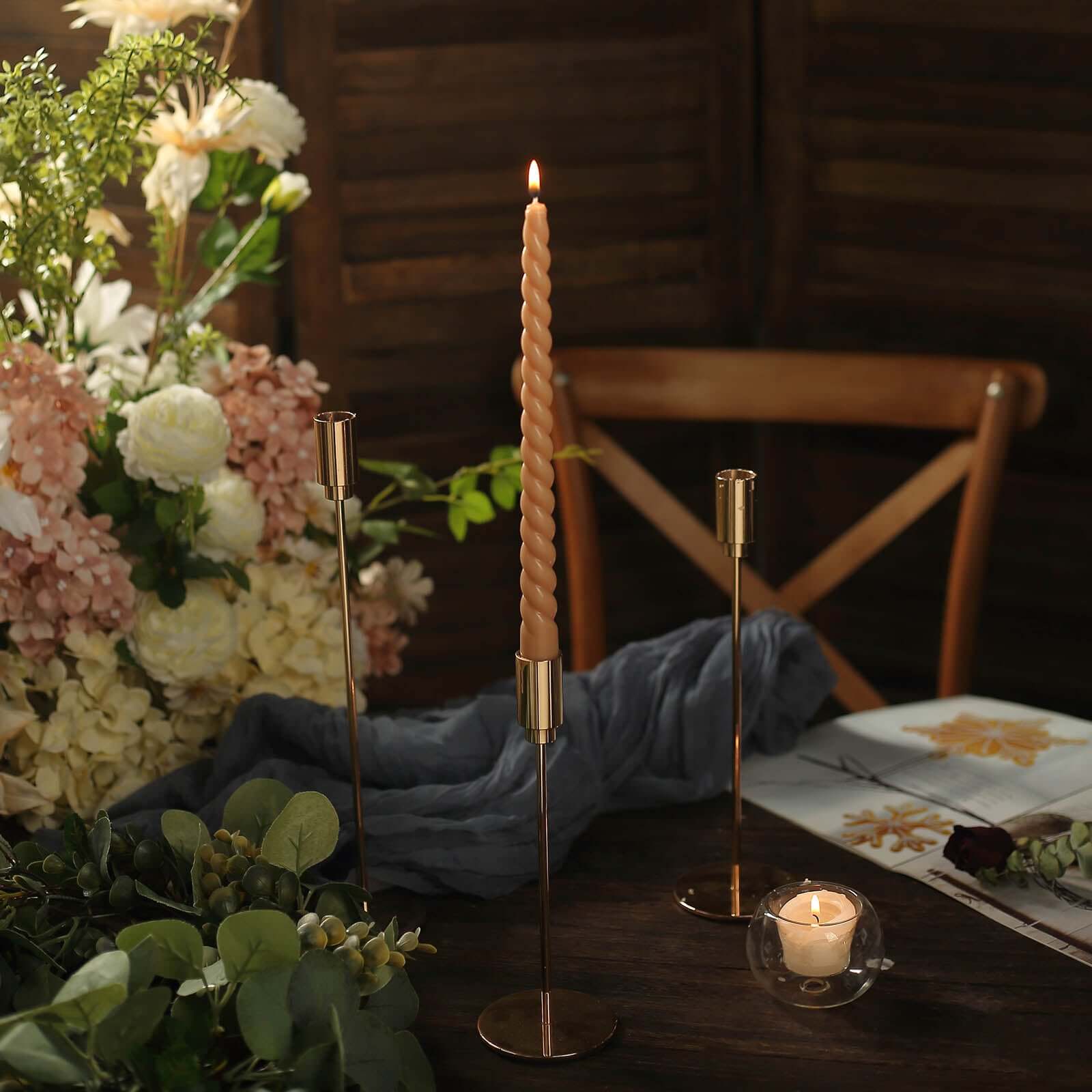 12-Pack Taper Candles Spiral Long Burn Wick Design Beige - Premium Unscented Wax Dinner Candle Sticks 11"