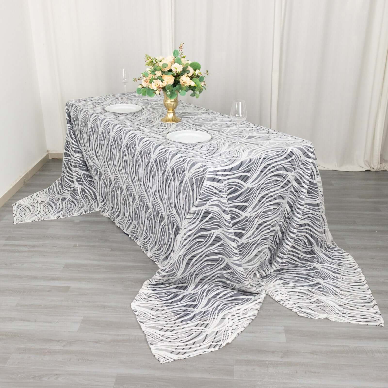 Mesh 90"x156" Rectangle Tablecloth White Black - Wave Sequin Embroidered Table Cover