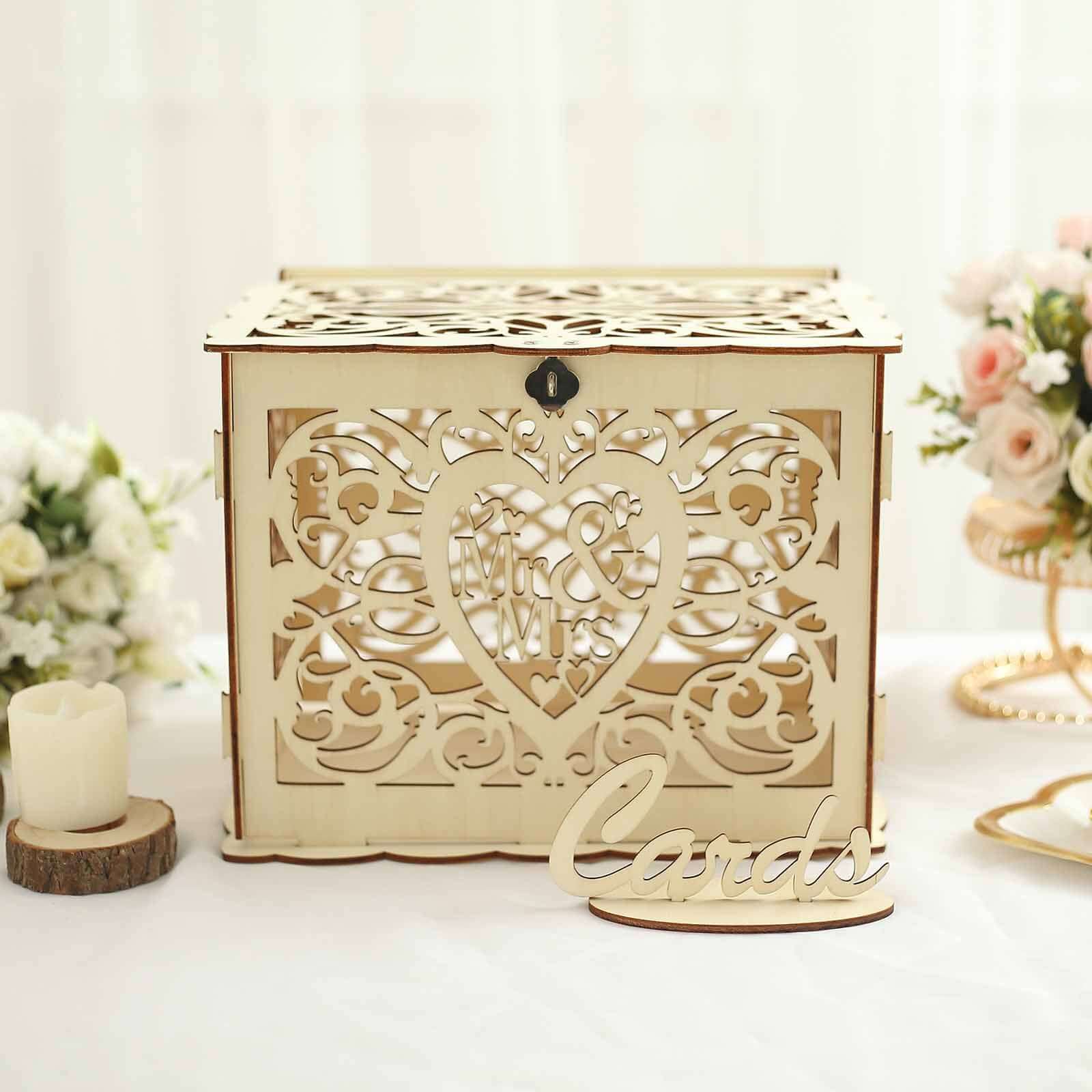 Natural Wooden Laser Cut "Mr. & Mrs." Wedding Card Box With Label, Rustic DIY Hollow Money Box And Stand - 12"x9"