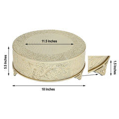 Metal 18" Round Cake Pedestal Stand Matte Gold - Cupcake Dessert Display Riser with Intricate Embossed Design for Upscale Events & Gatherings
