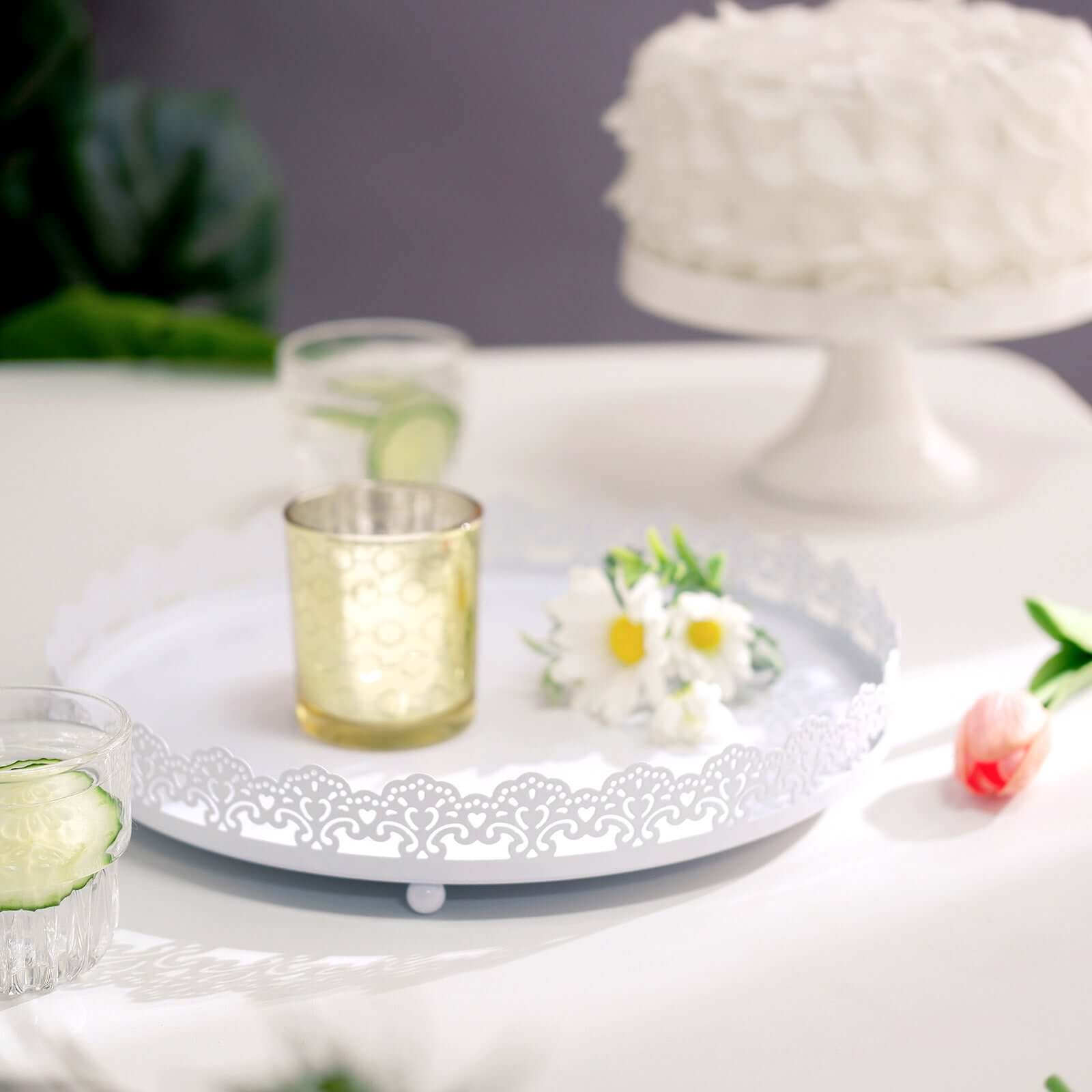 Metal Round Serving Tray 12" in White with Embellished Rims, Stylish Decorative Vanity Tray Centerpiece