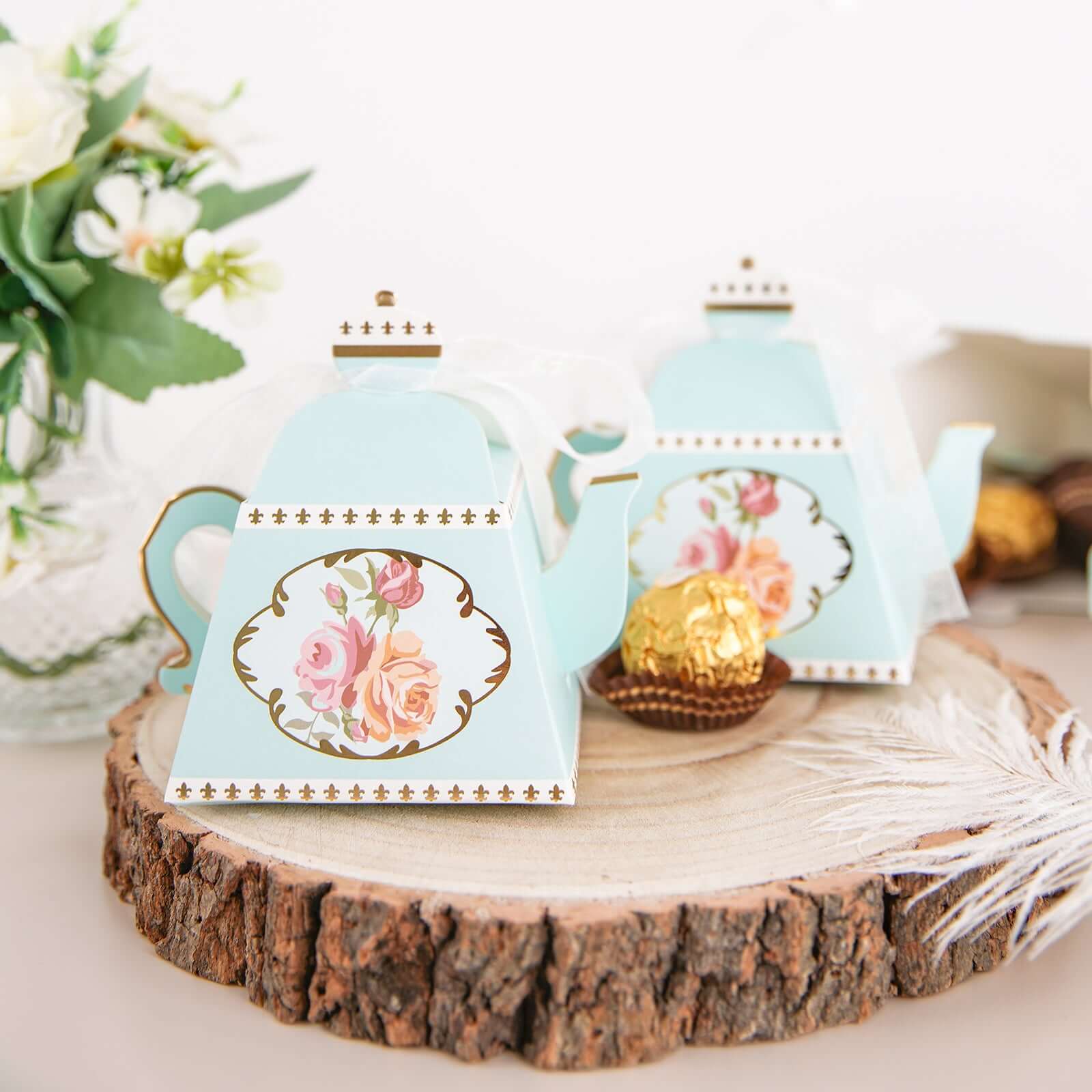 25 Pack 4" Light Turquoise Mini Teapot Favor Boxes, Vintage Rose Gift Boxes with Ribbons