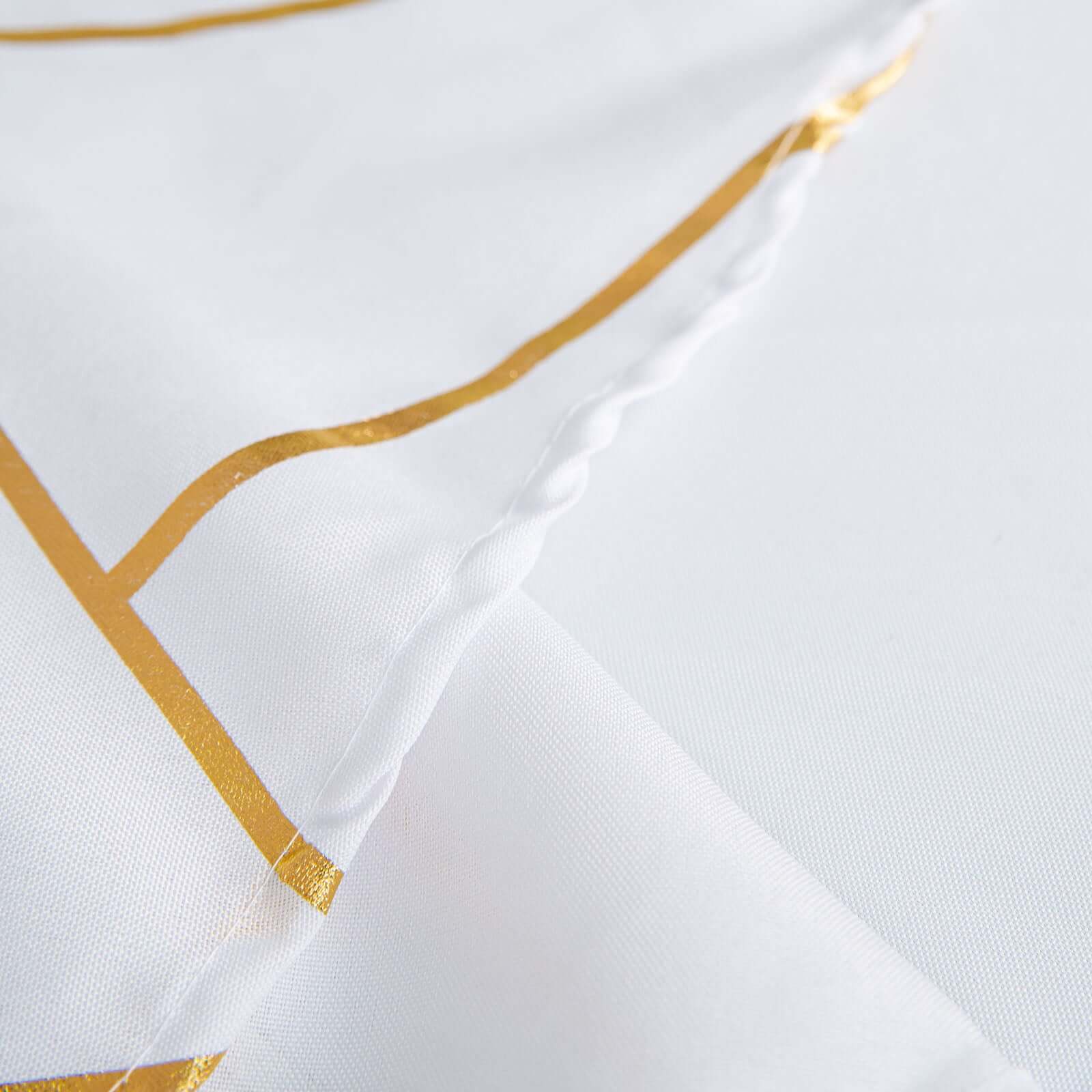 Polyester 120" Round Tablecloth White with Gold Foil Geometric Pattern Wrinkle-Resistant Modern Seamless Table Cover