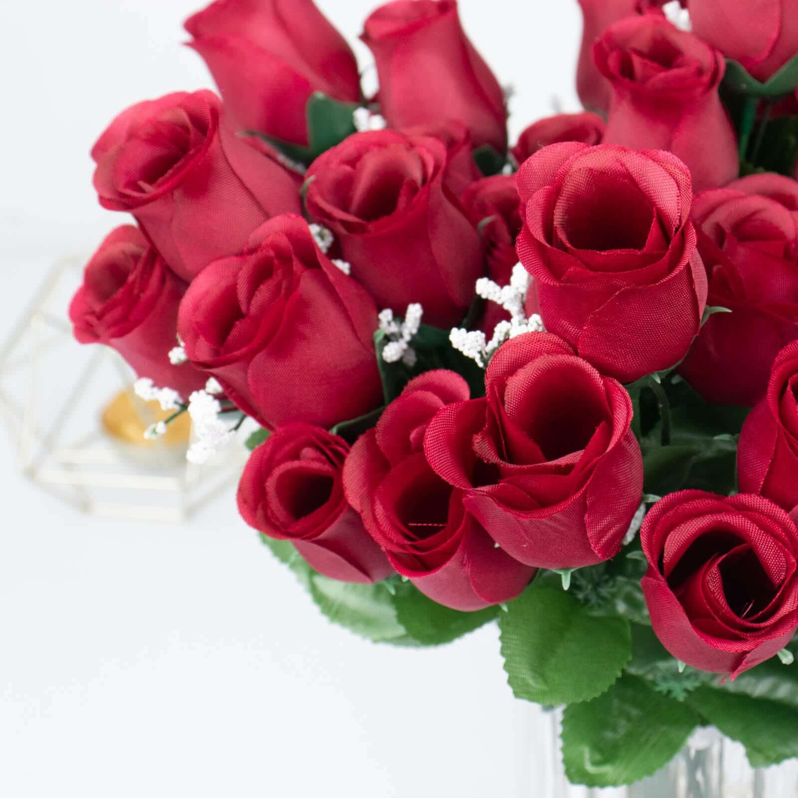 12 Bushes Burgundy Artificial Premium Silk Flower Rose Bud Bouquets