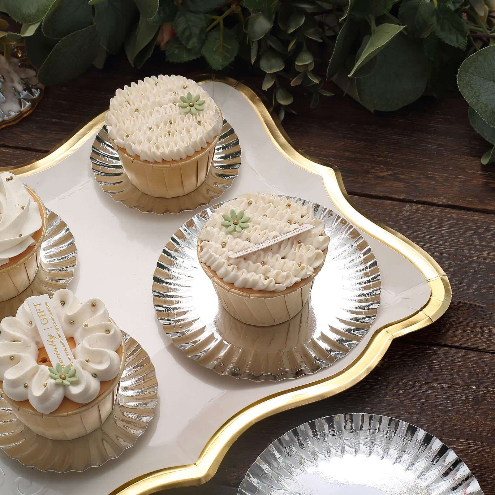 50-Pack Paper 5" Round Dessert Plates in Metallic Silver with Scalloped Rim - Disposable 250GSM Appetizer Party Plates
