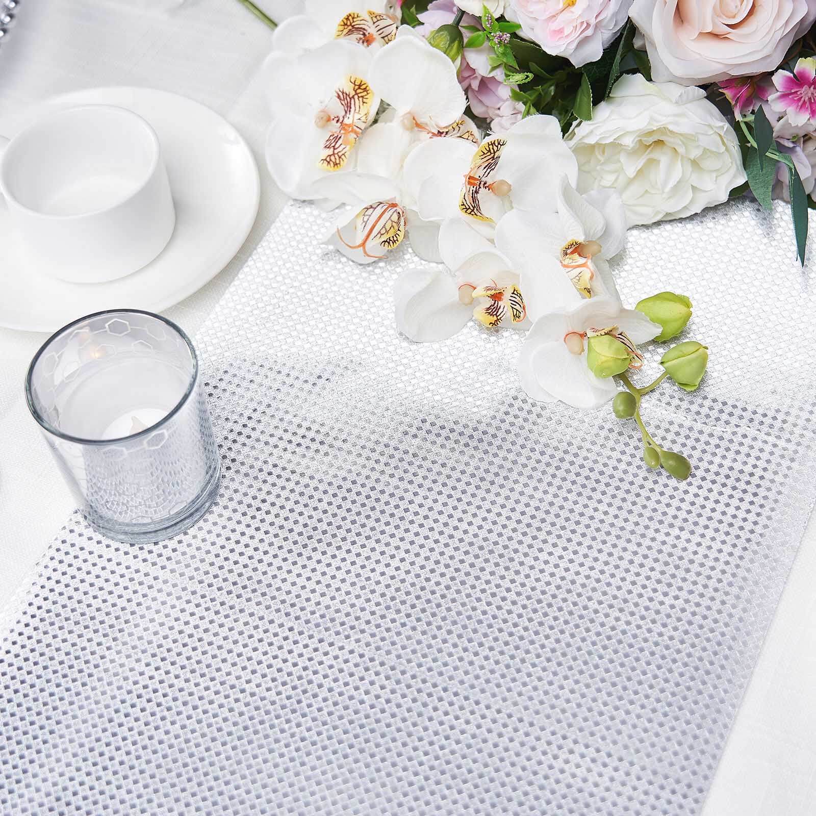 Glitter Paper 9ft Table Runner Roll Silver Disposable Diamond Pattern Table Decor
