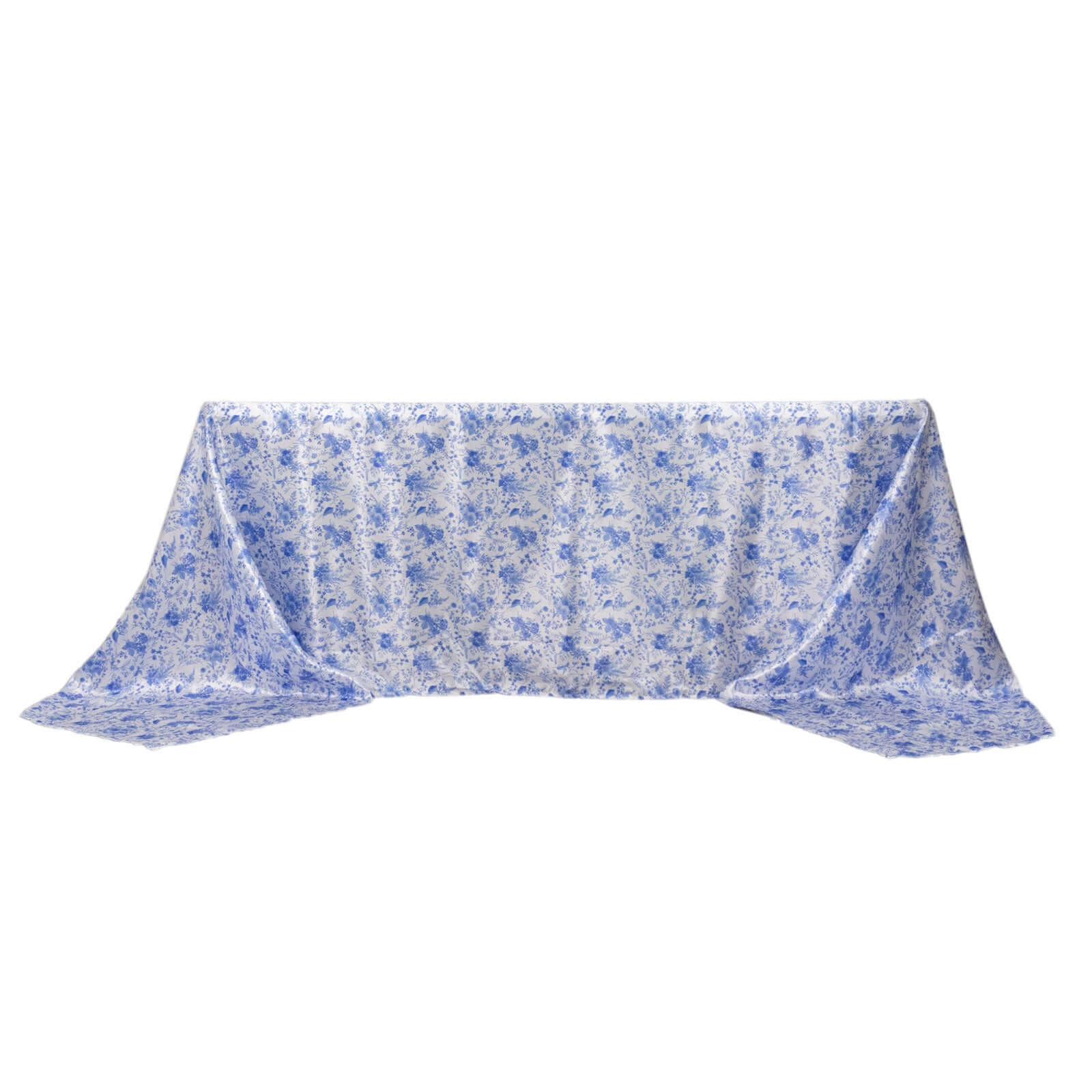 Satin Round 90"x156" Tablecloth White/Blue French Toile Design - Seamless Stylish & Wrinkle-Resistant Table Cover