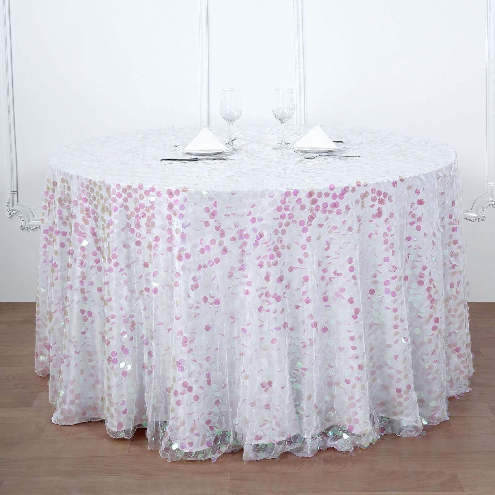 120" Iridescent Seamless Big Payette Sequin Round Tablecloth Collection for 5 Foot Table With Floor-Length Drop