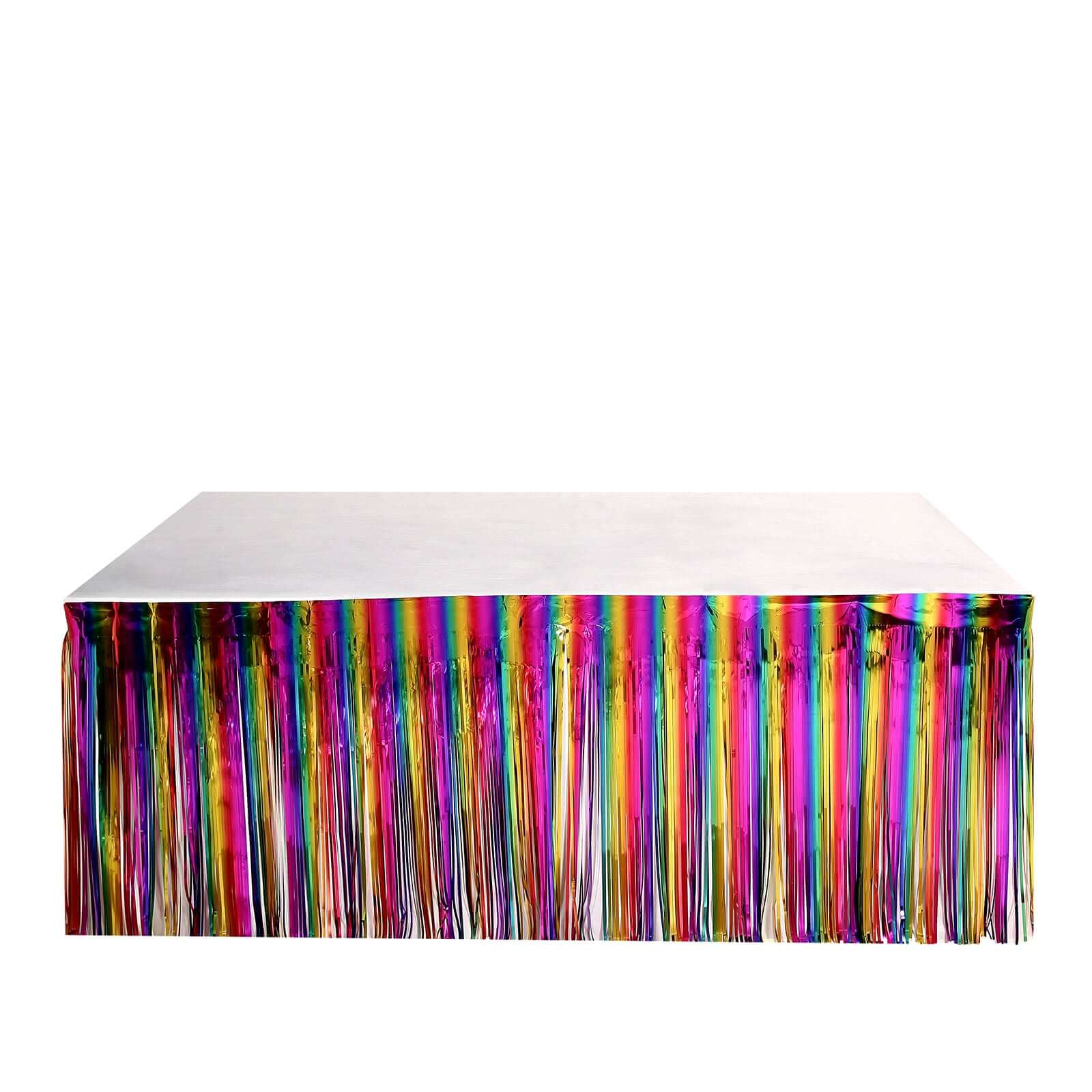 Metallic Foil Fringe Table Skirt Rainbow with Self Adhesive Backing - Durable Tinsel Skirt for Parties 30"x9ft