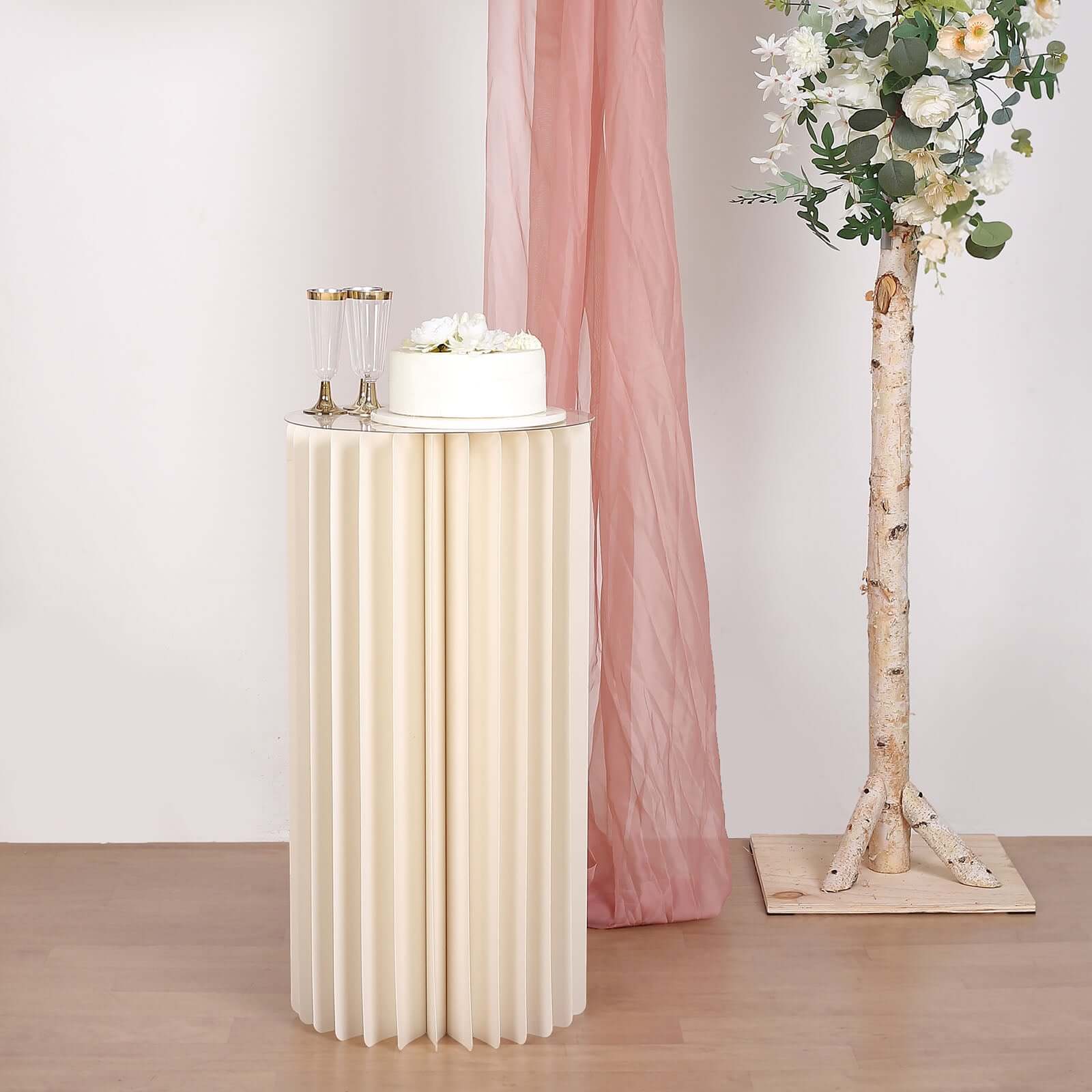 32" Ivory Cylinder Display Column Stand, Pillar Pedestal Stand With Top Plate