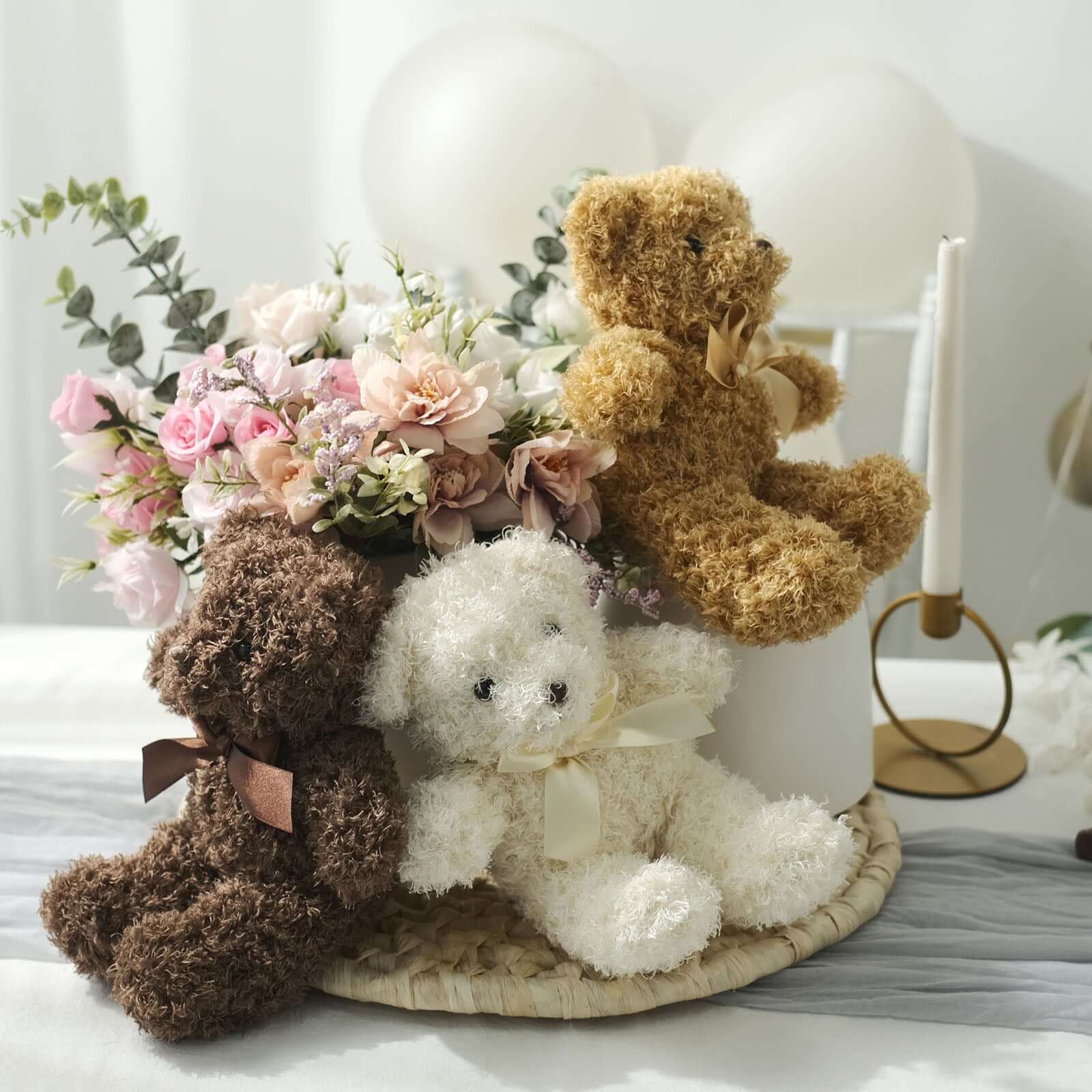 Set of 3 7" Cute Plush Stuffed Teddy Bears Party Favors Centerpiece Decor, Soft Toy Animals Party Decorations - Dark Brown,Ivory,Natural