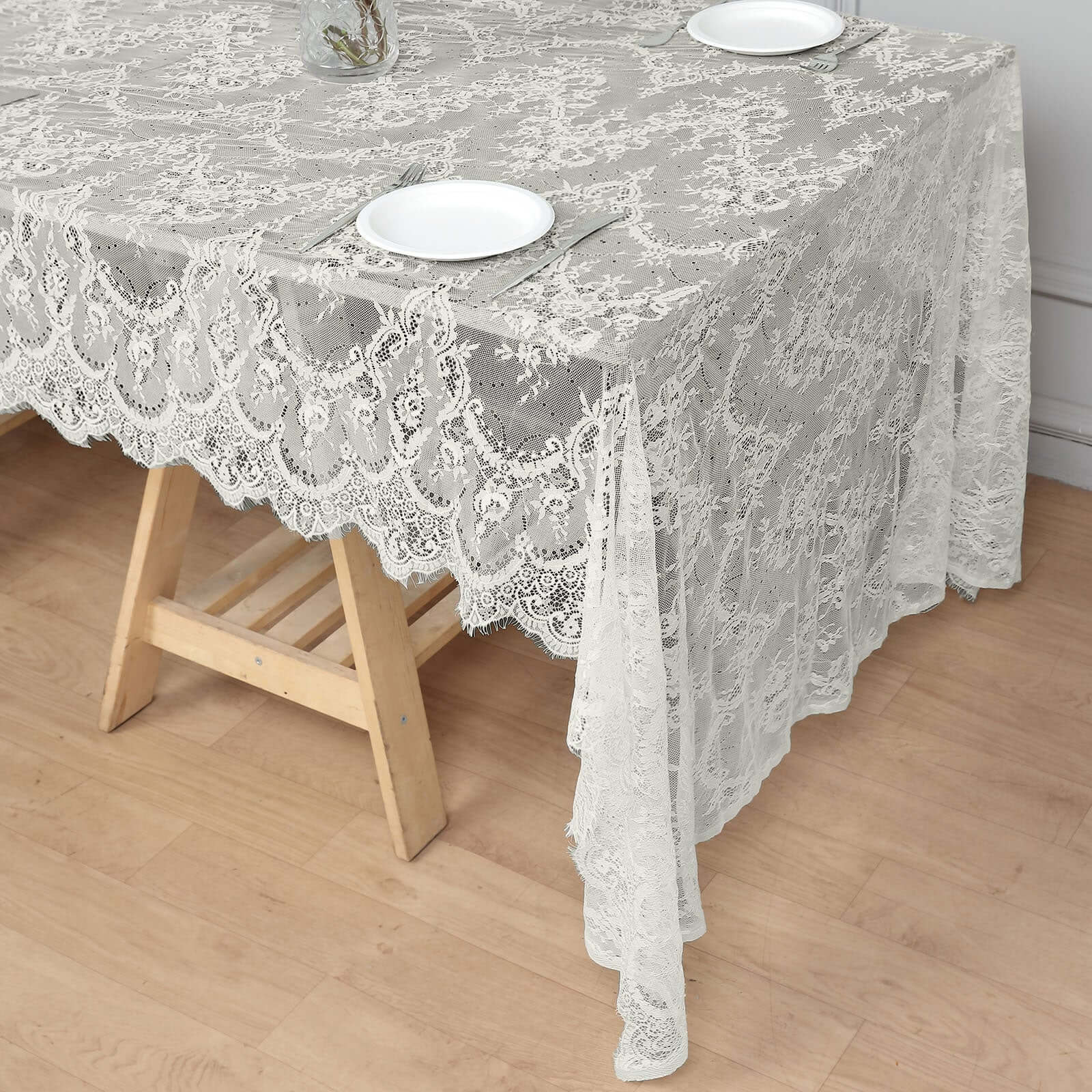 Lace 60"x120" Rectangle Tablecloth Ivory - Vintage Lace Design with Scalloped Frill Edges