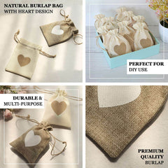20 Pack 4"x5" Natural Ivory Heart Design Jute Burlap Gift Bags With Drawstring, Rustic Wedding Party Favor Bags