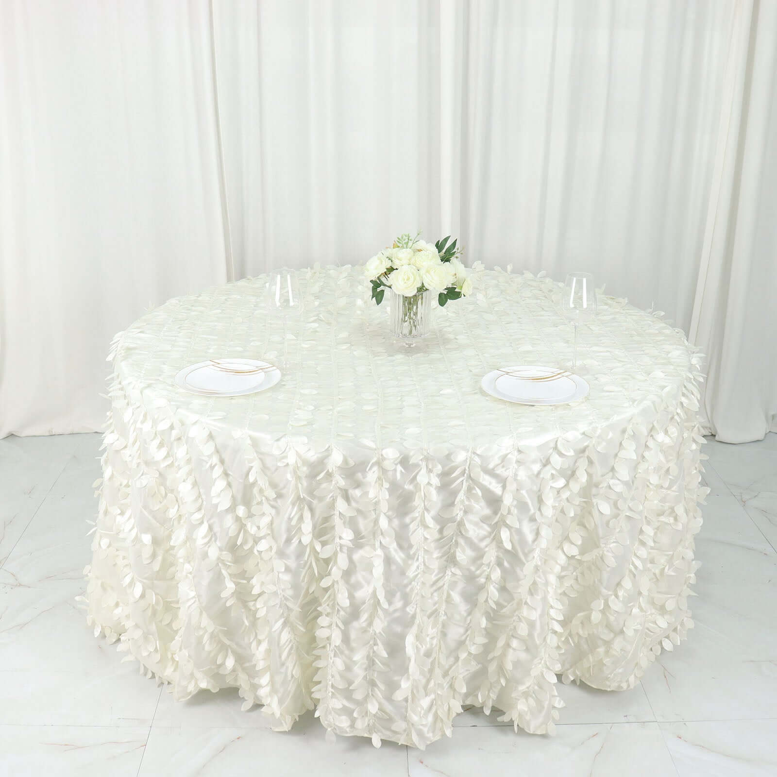 Taffeta 132" Round Tablecloth Ivory Leaf | 3D Leaf Petal Design Seamless Table Cover