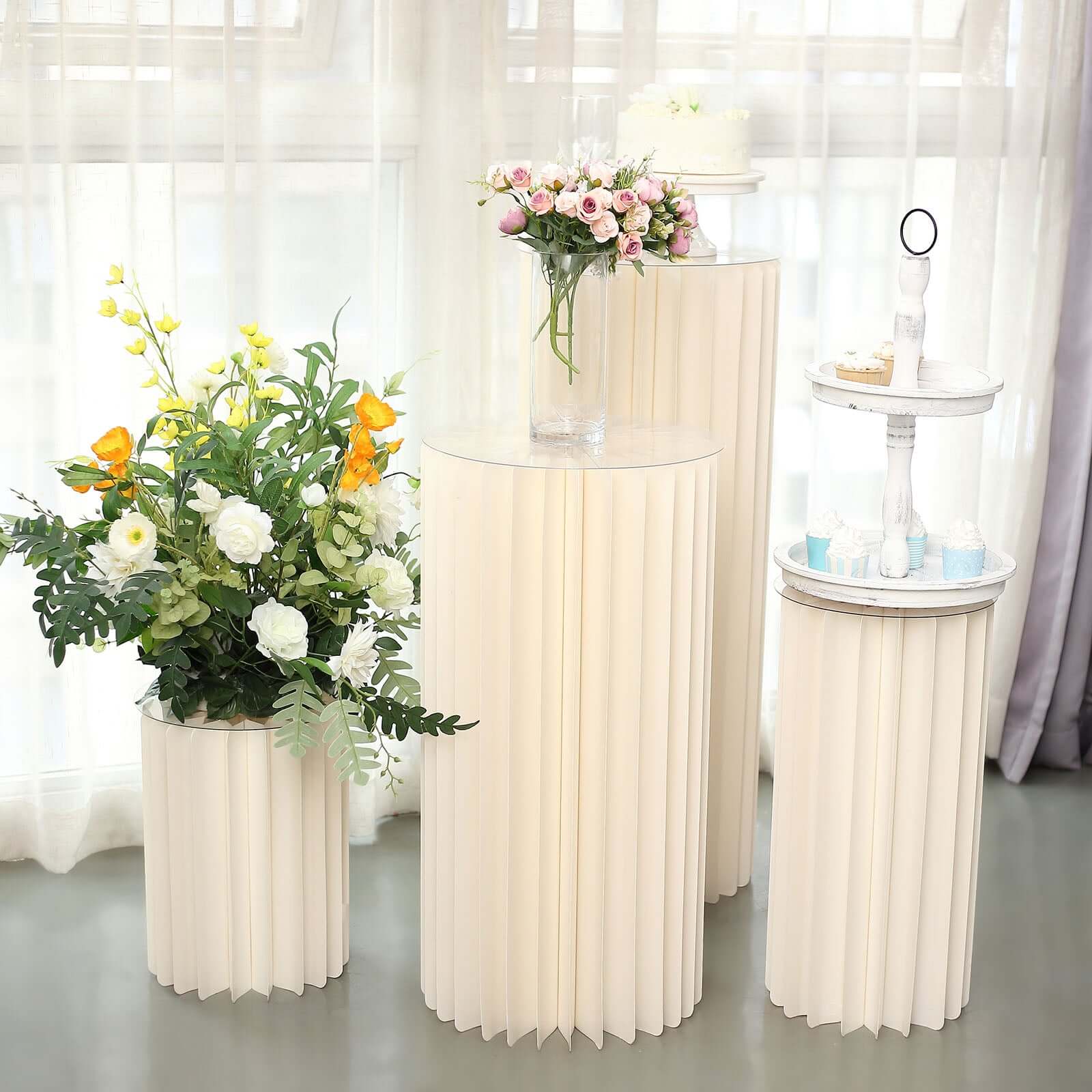 40" Ivory Cylinder Display Column Stand, Pillar Pedestal Stand With Top Plate