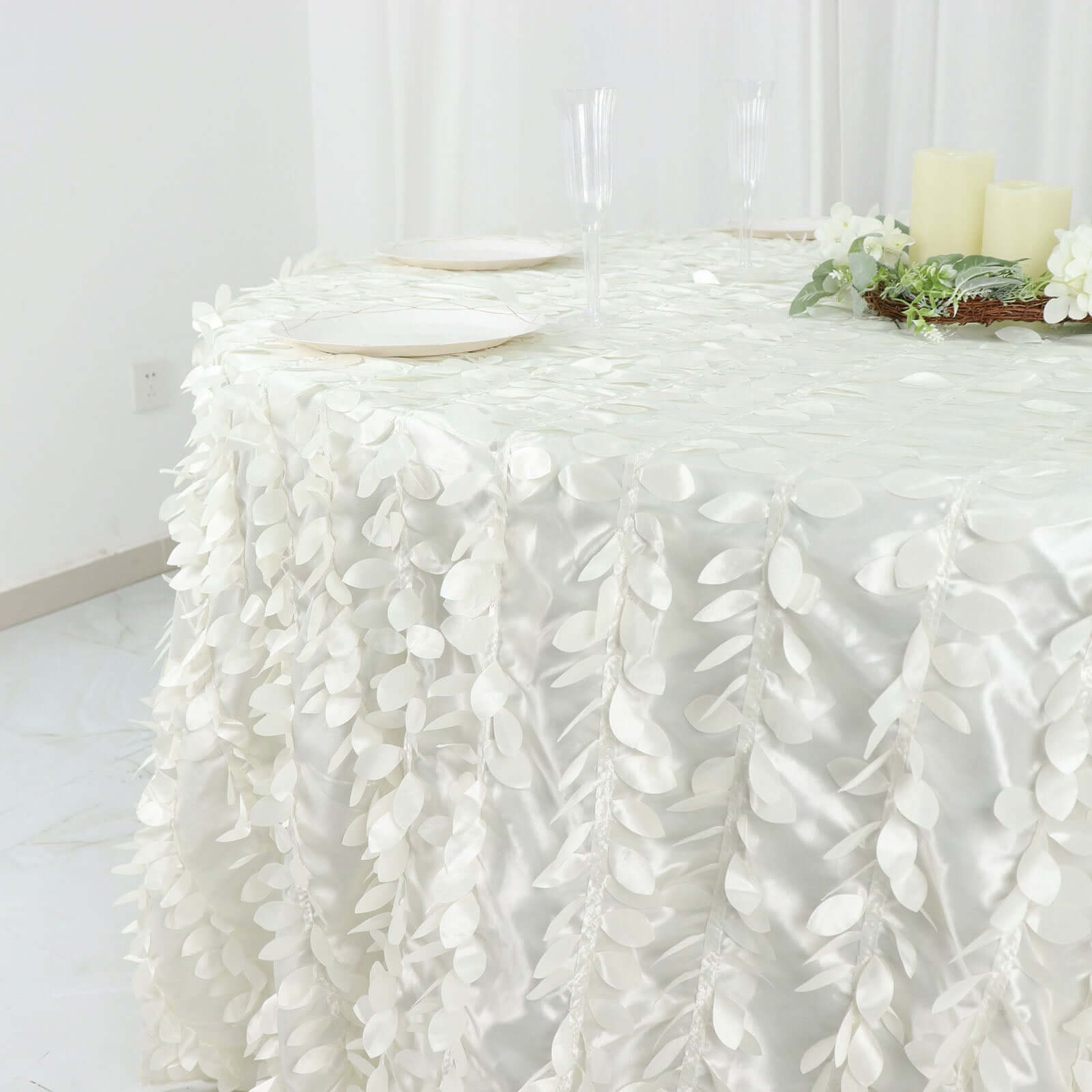 Taffeta 132" Round Tablecloth Ivory Leaf | 3D Leaf Petal Design Seamless Table Cover